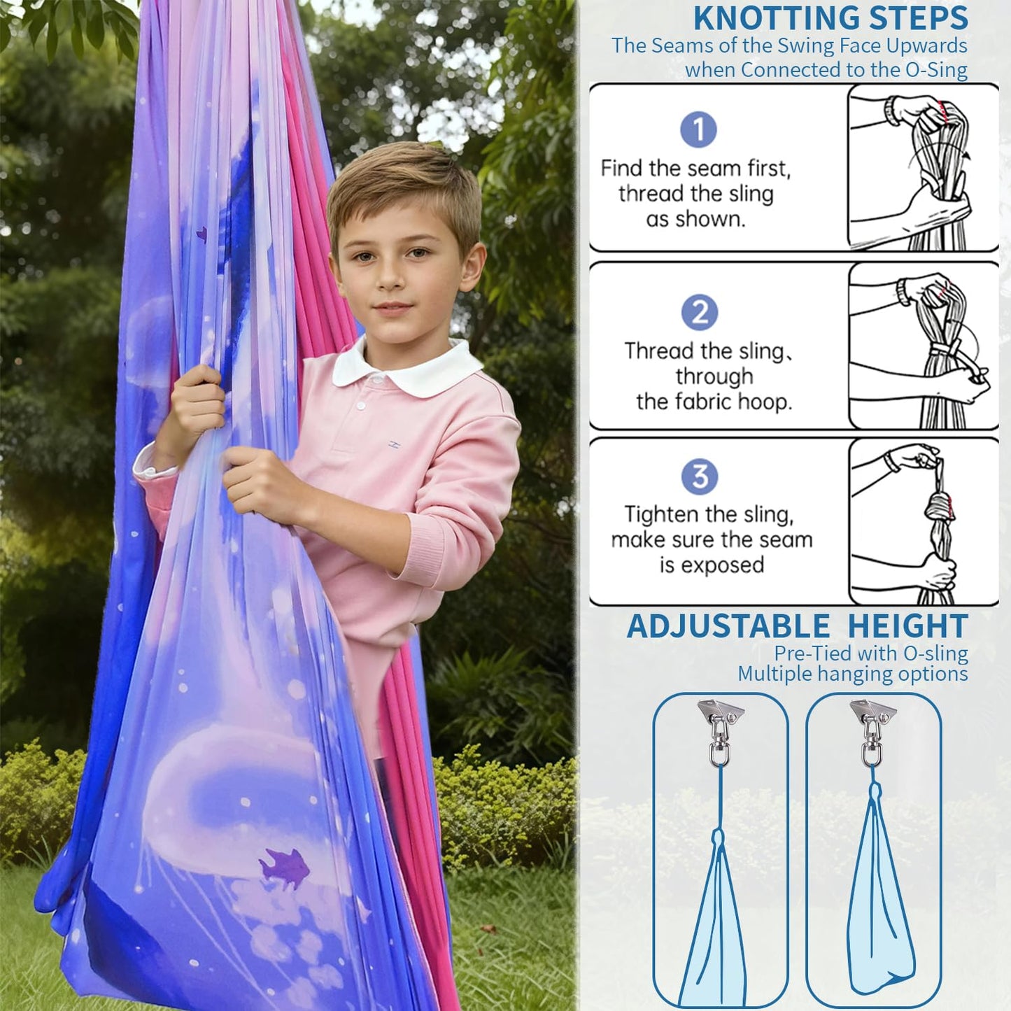 Sensory Swing for Kids & Adults with 360° Swivel Hanger Kit, Double Layer Elastic Therapy Swing Holds up to 300lbs for Autism, ADHD,Aspergers, and SPD (Blue PinkDolphin)