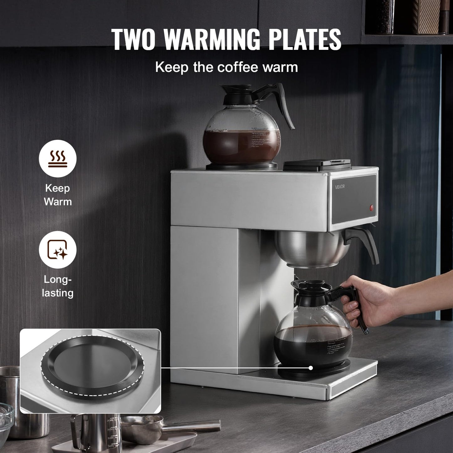 VEVOR Commercial Drip Coffee Maker, 12 Cups Coffee-Maker Machine with 2 Glass Carafes and 2 Decanter Warmer Plates, Stainless Steel Drip Style Coffee Brewer, for Restaurant, Office, Coffee Shop & Home