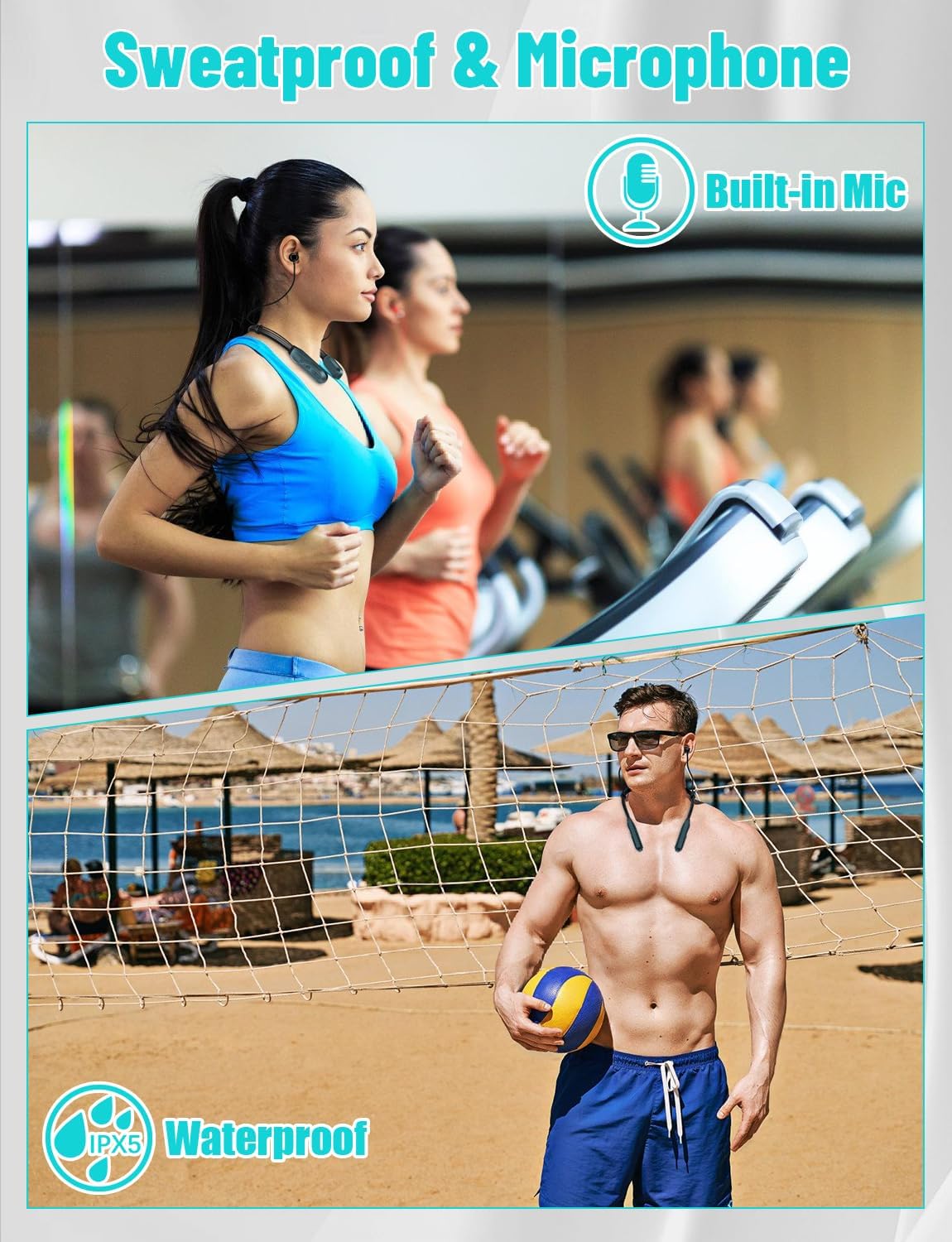 200H Headset Neckband Bluetooth Headphones, Long Playtime Wireless Stereo Neckband Earbuds with Microphone, Waterproof