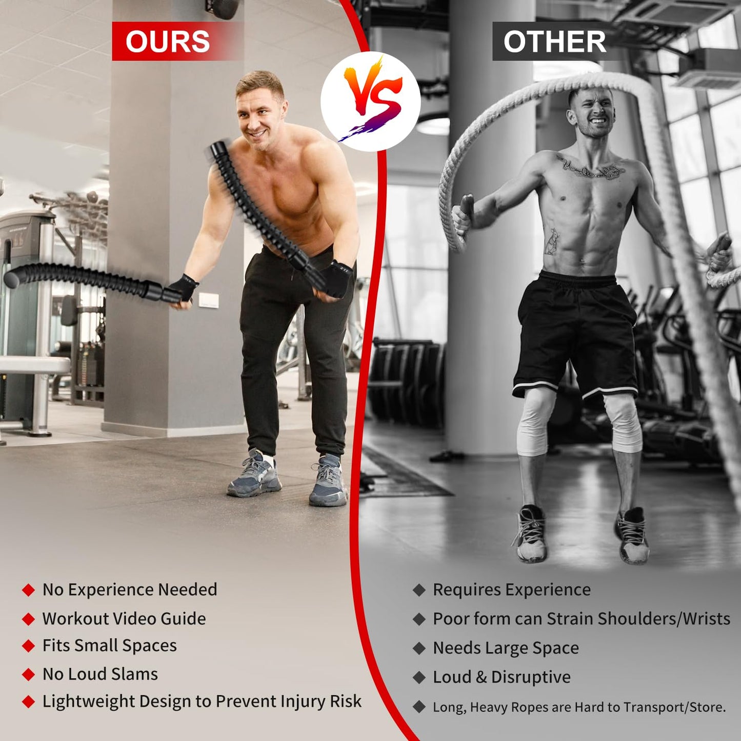 Weighted Ropeless Battle Ropes, Heavy Duty Portable Cordless Battle Ropess for HIIT Workouts, Cardio & Muscle Training, Low-Impact Cardio Training for Men & Women with Non-Slip Gloves