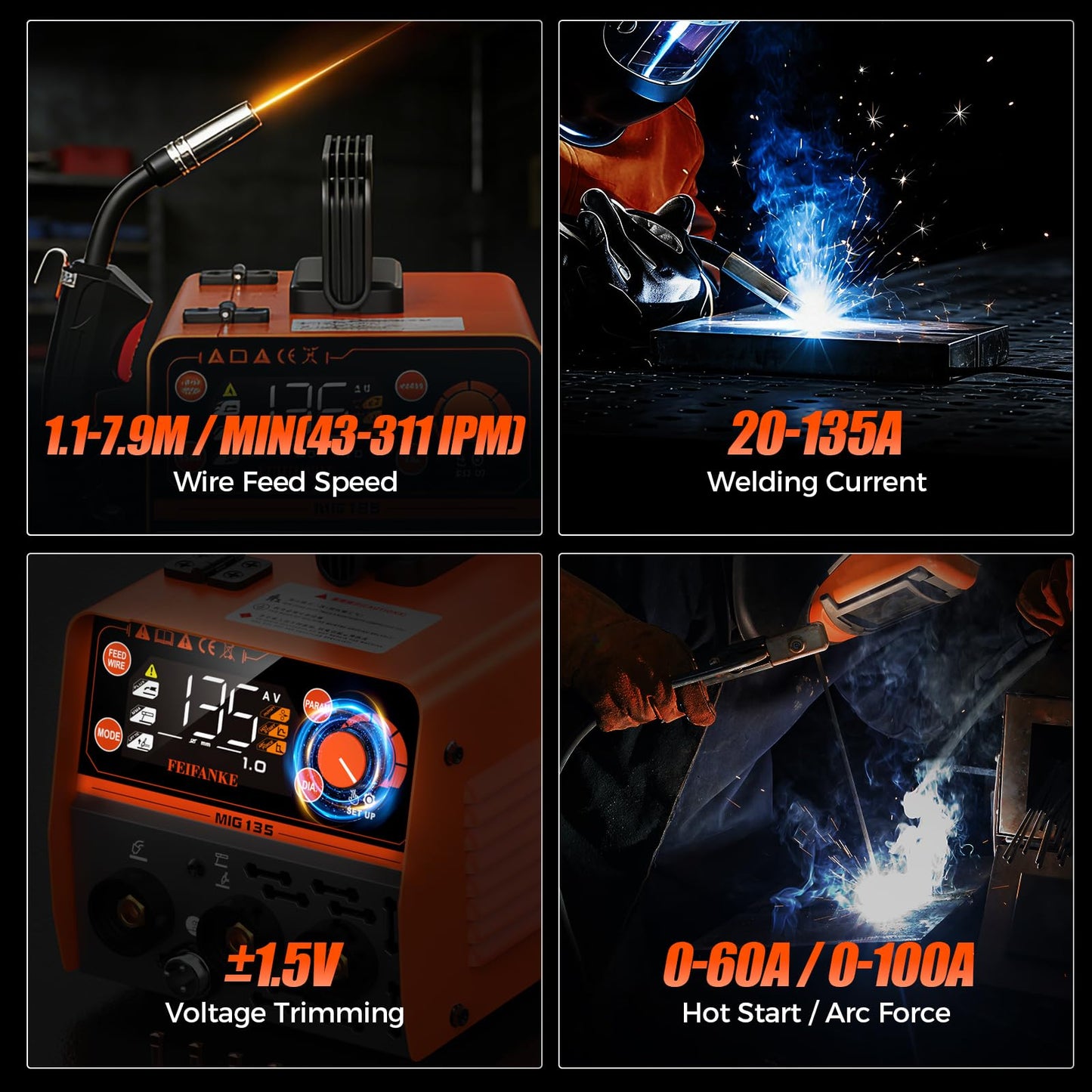 FEIFANKE 135A Flux Core MIG Welder 110V, 4-in-1 Synergic Gasless MIG/Stainless Flux MIG/Stick/Lift TIG for Sheet Metal, Portable IGBT Inverter with Large LED Display for Beginners & Professionals