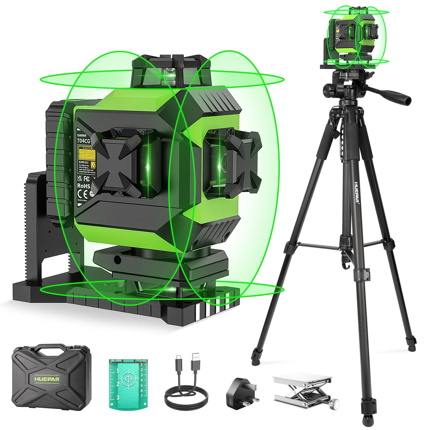 Huepar 360 Laser Level Self-Leveling Cross Line Laser Level 4D Green Beam 197Ft. Laser Tool 67.72" Lightweight Extendable Tripod, Li-ion Battery, Magnetic Base, Hard Carry Case-704CG&T16A