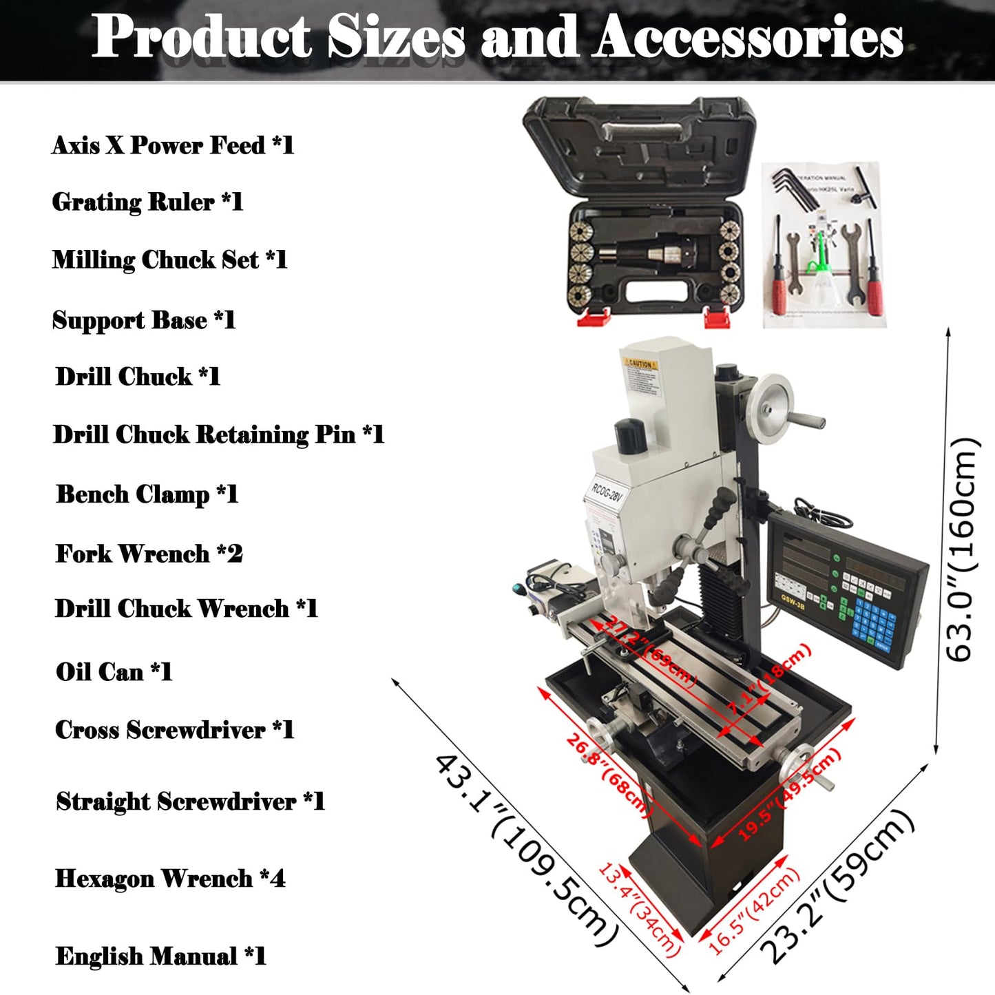 LGXEnzhuo 1300W Milling Drilling Machine R8 Taper Drilling Milling Lathe 50-2250RPM Brushless Motor with 27.5" x 7" Workbench for DIY/Metal/Wood Working 110V