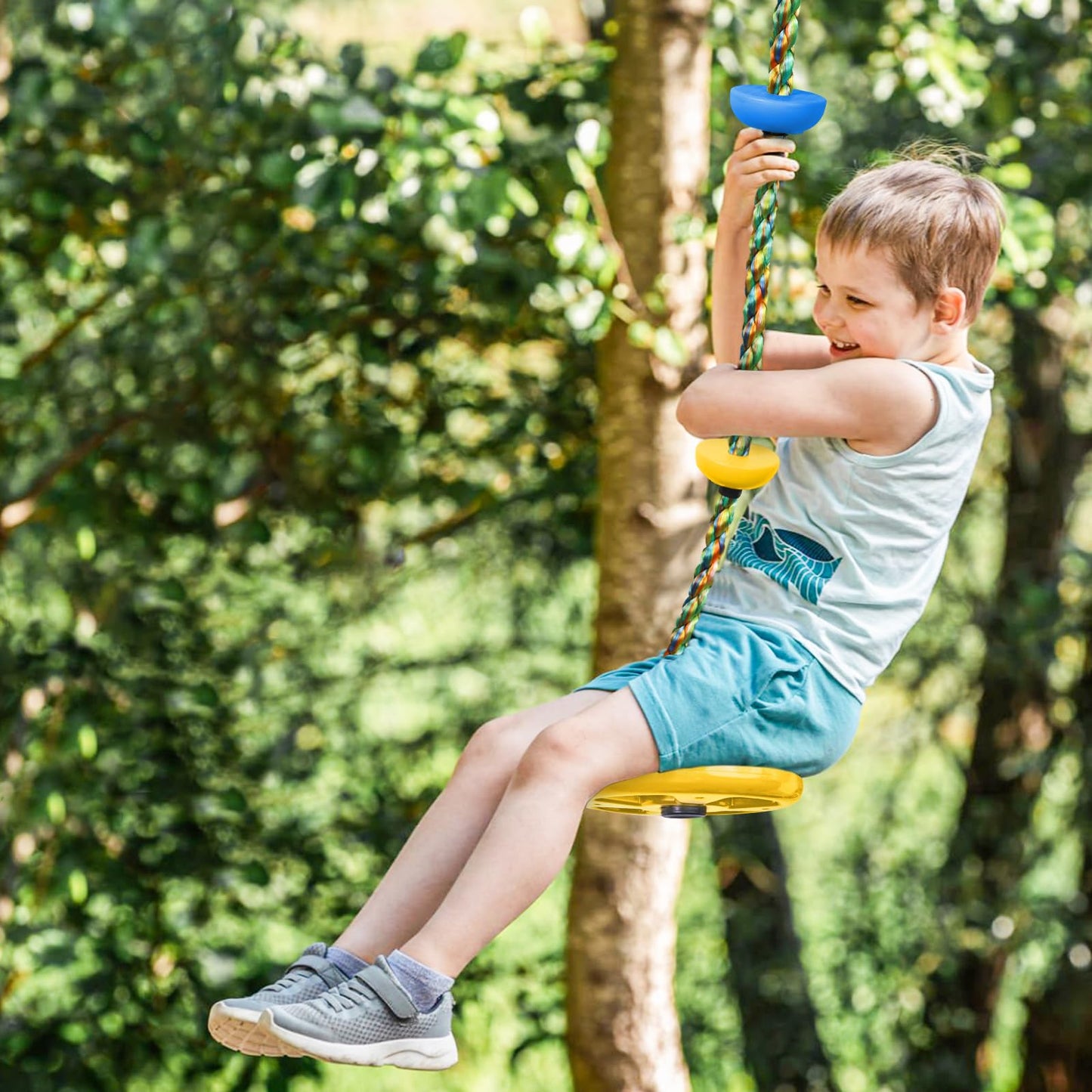 Tree Swing for Kids,Heavy Duty Single Disc Seat Climbing Rope Set with Hanging Strap and Platform Carabiners for Backyard Treehouse and Outdoor Playground Accessories(Yellow)