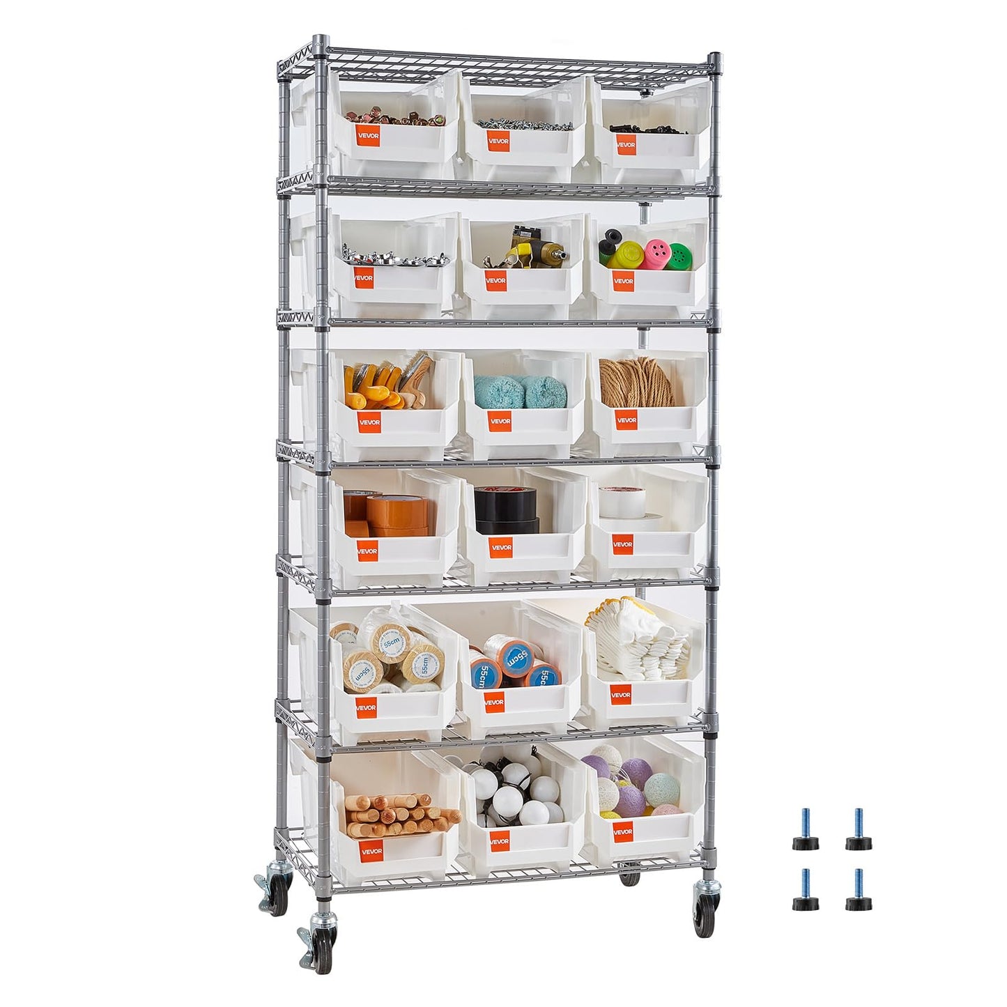 VEVOR 7-Tier Rolling Bin Storage Rack, 18 Organizer Bins, Bin Rack Storage Steel Wire Shelving System with Wheels, Mobile Tool Organizer for Garage, Warehouse, Office, Restaurant, Classroom, Kitchen