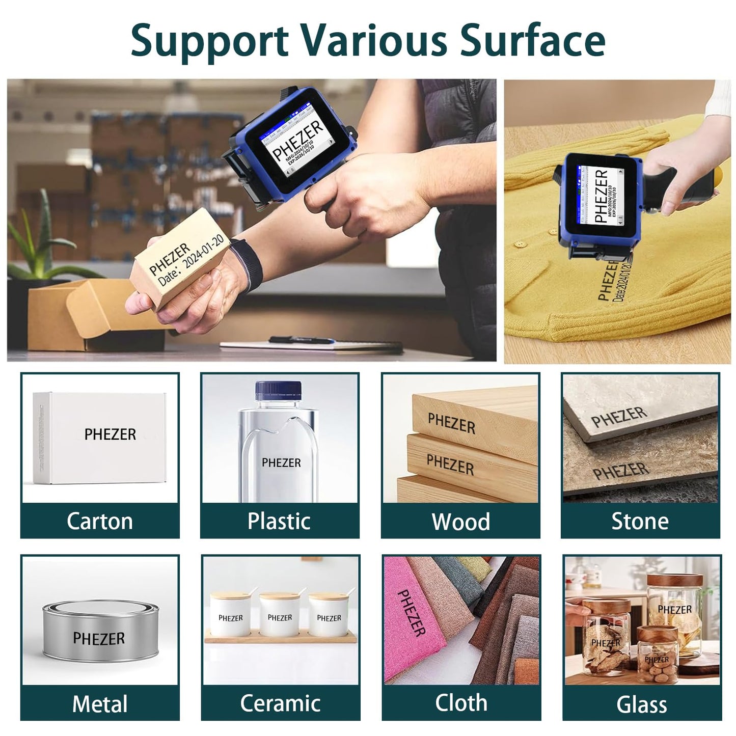 Phezer Mini Handheld Inkjet Printer PC11 for Flat and Curved Surface, with Touch Screen and Quick-Drying Ink Cartridge, Portable Pocket Marking Device for Label/Date/Barcode/Logo/Qrcode/Batch Number