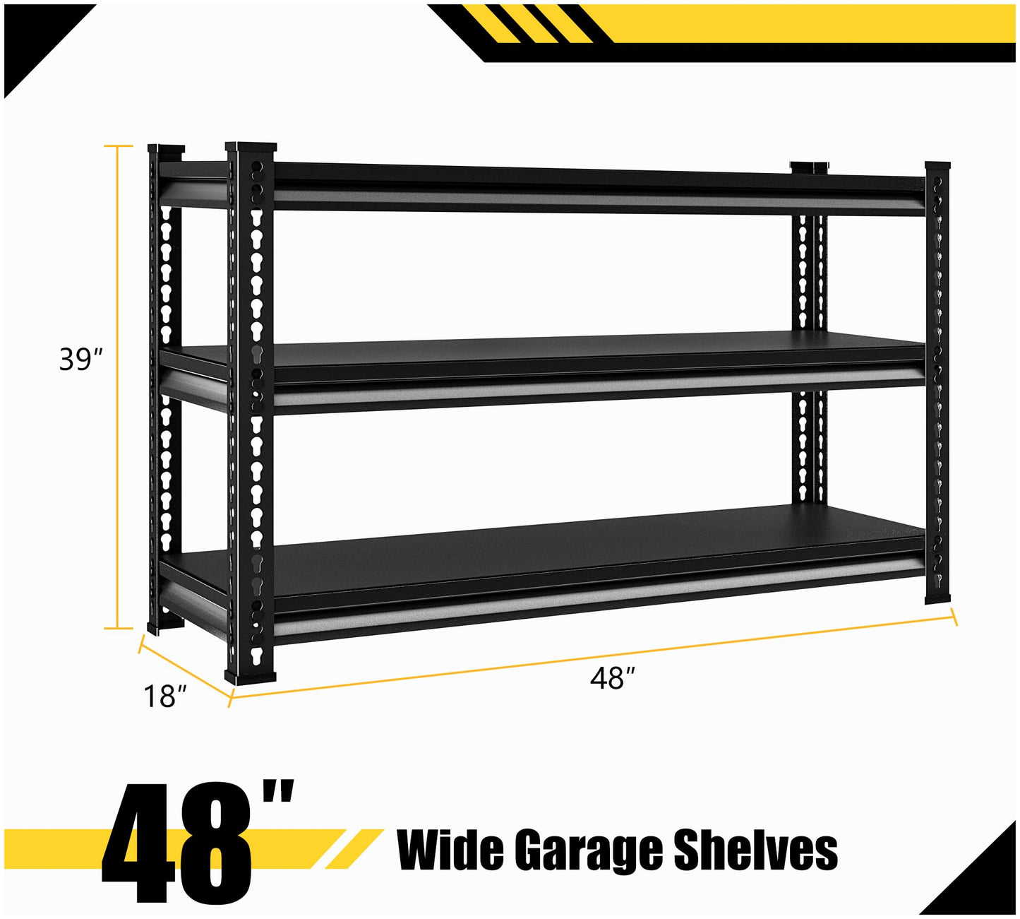 Rufokisa Metal Garage Shelving Heavy Duty，1530LBS Loads Garage Storage Shelves, 48”W 3-Tier Adjustable Storage Racks and Shelving Units for Garage Basement and Kitchen, 48”W x 18”D x 39”H,Black