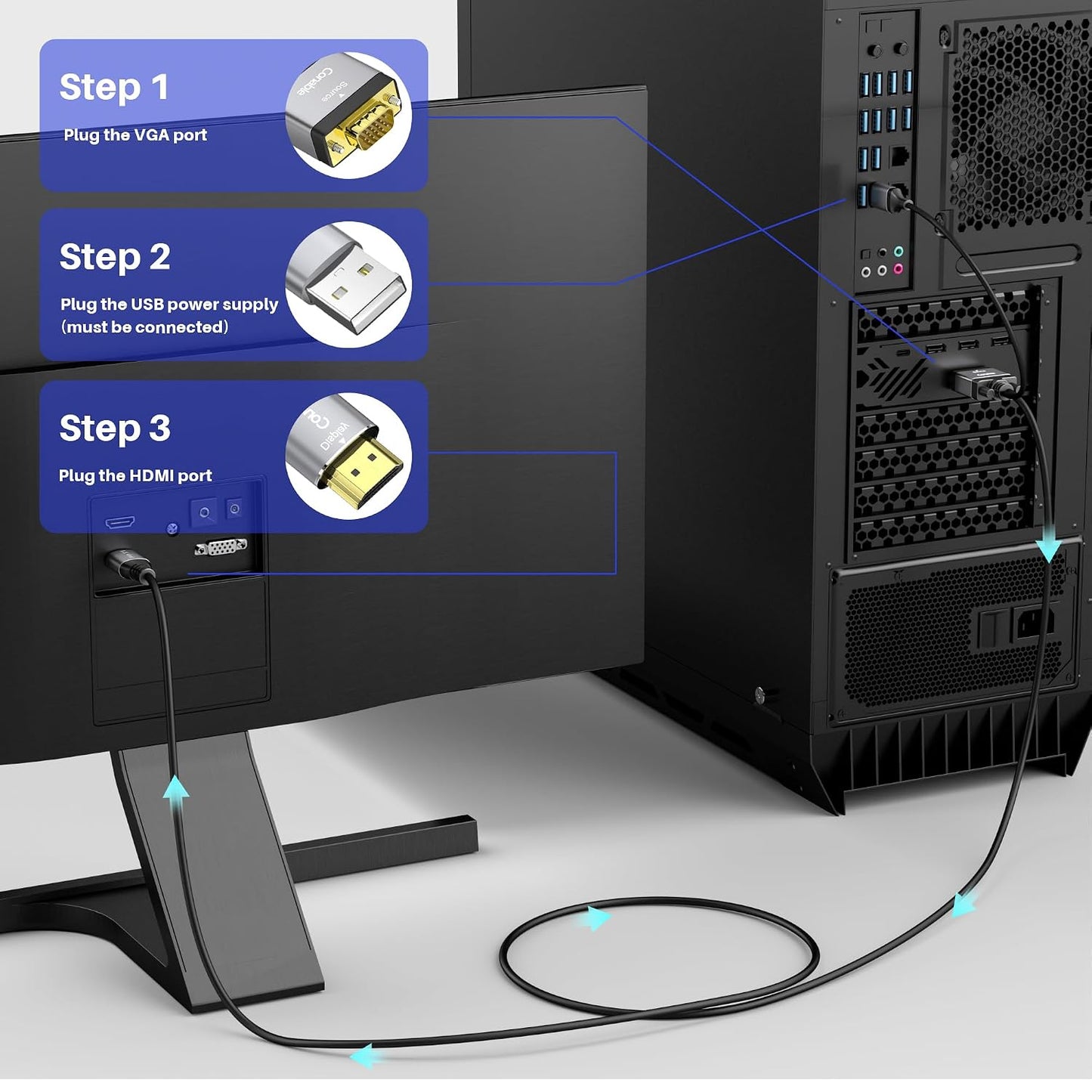 Conable 15 1080P@60Hz VGA to HDMI Cable FT with USB Power Supply, Real Video Output, Unidirectional Cable, from VGA