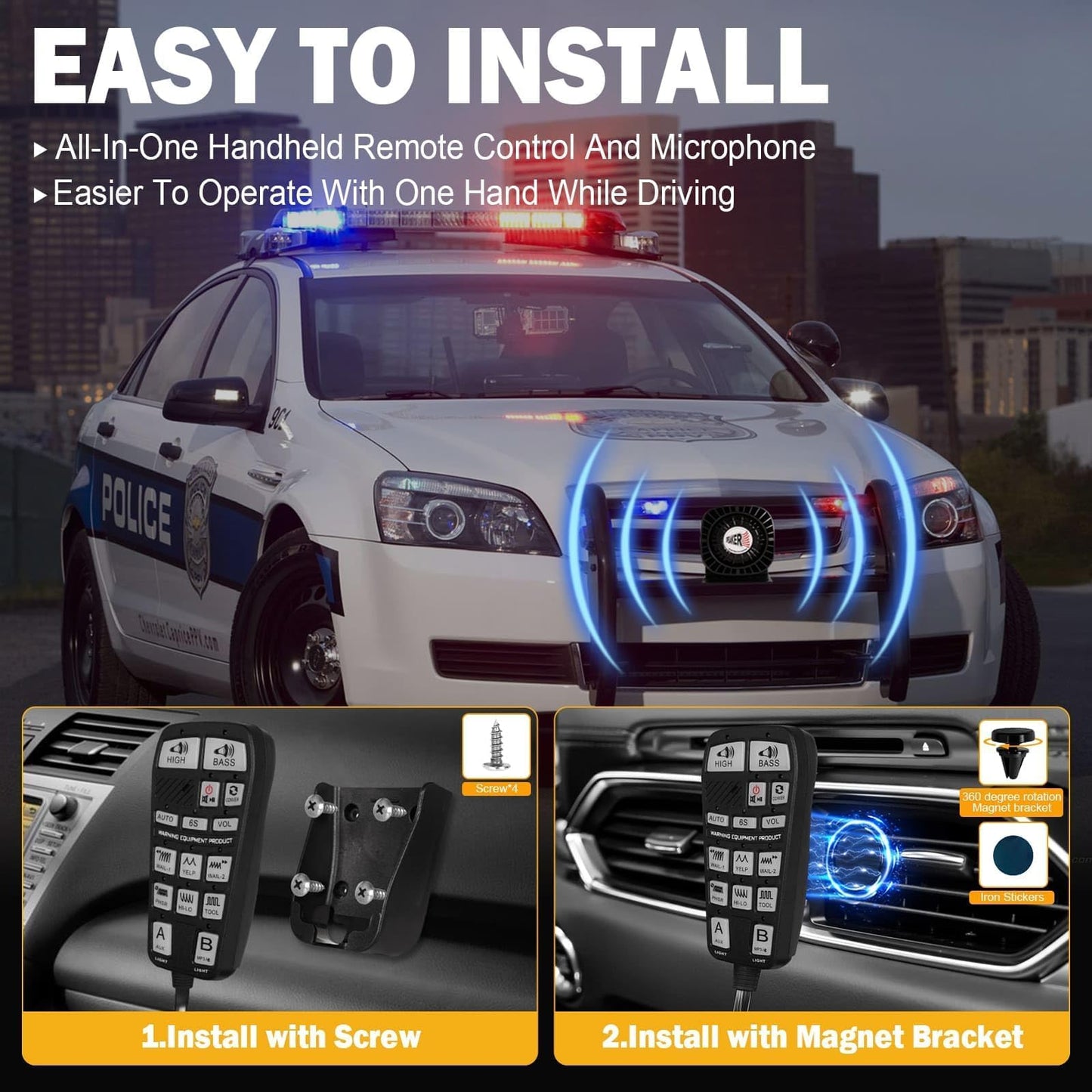 Emergency Police Siren Speaker Kit, 200W Multi-Tones Emergency Sirens PA System Extra Slim Speaker with Handheld Microphone, Car Alarm Megaphone for 12V Vehicles, Tow Truck Pickup Ambulance SUVs