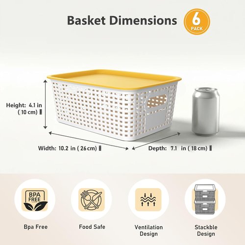 AREYZIN 6-Pack Plastic Storage Bins - Stackable Organizing Baskets with Lids | Small 10.2x7.2x4.1 Inch, White