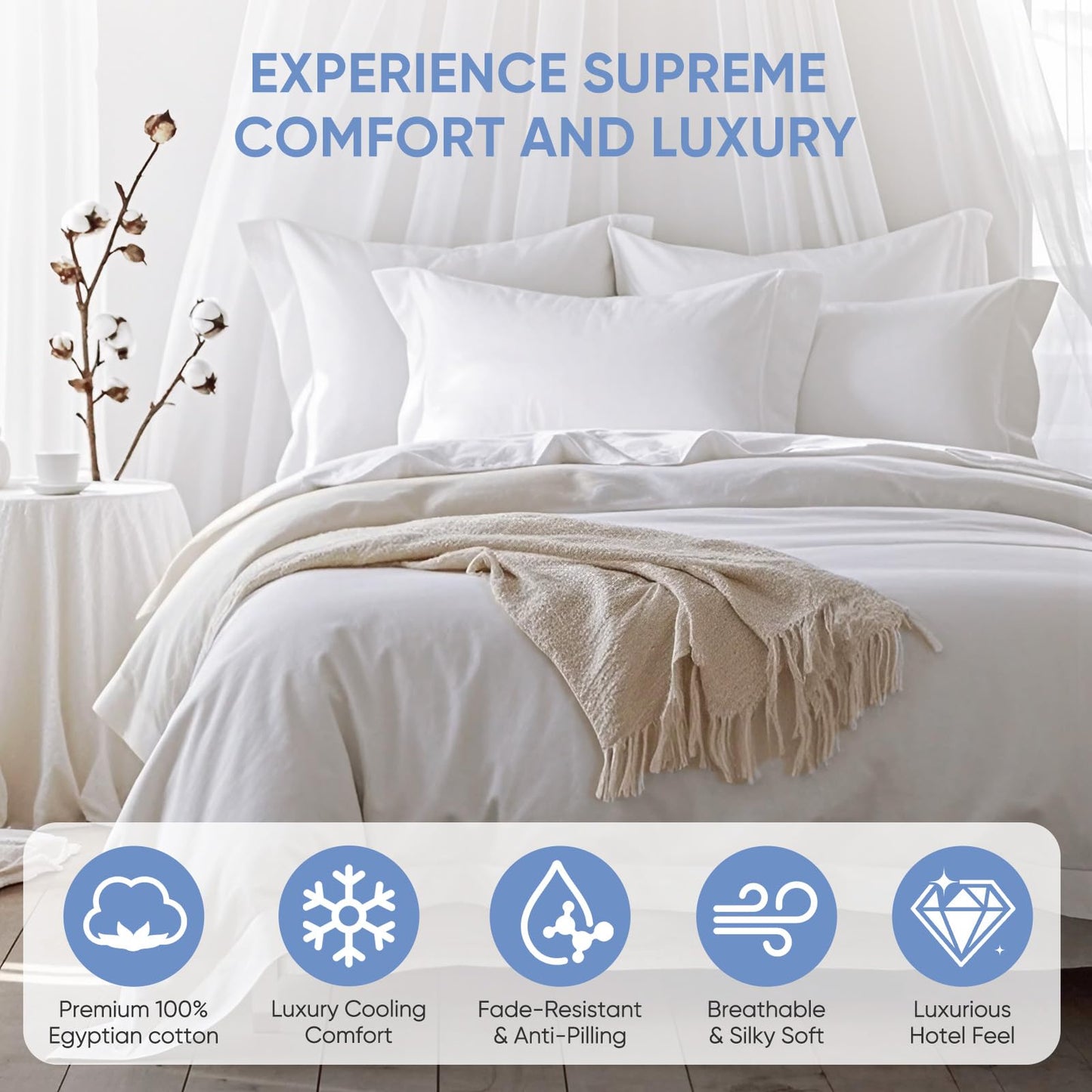 TWK 1200 TC 100% Egyptian Long-Staple Cotton Bedding Sheets Set, Luxury Hotel Style Deep Pocket with Elastic Reinforced Seams Sheet Set, Soft & Comfy Natural Sheets (White, King)