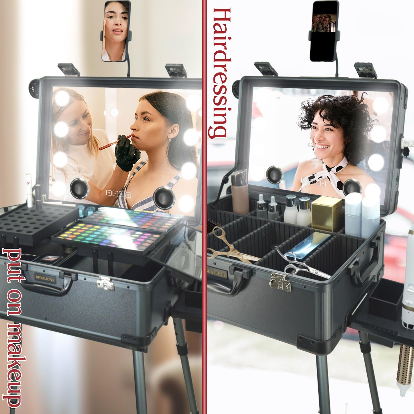 RUKEJUNE Rolling Makeup Train Case with Mirror and Lights Cosmetic Travel Box Mobile Barber Stations with Bluetooth, Speaker, Wheels, Stands