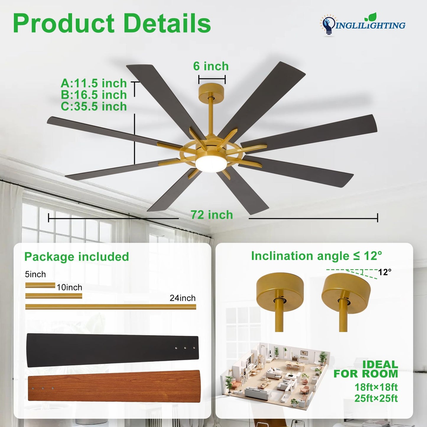 DLLT 72-Inch Ceiling Fan with Light: Farmhouse 8-Blade Bronze Black Indoor Outdoor Fans with Remote App Control Dimmable Light - Ultra Quiet DC Motor Reversible 6 Speed Timer