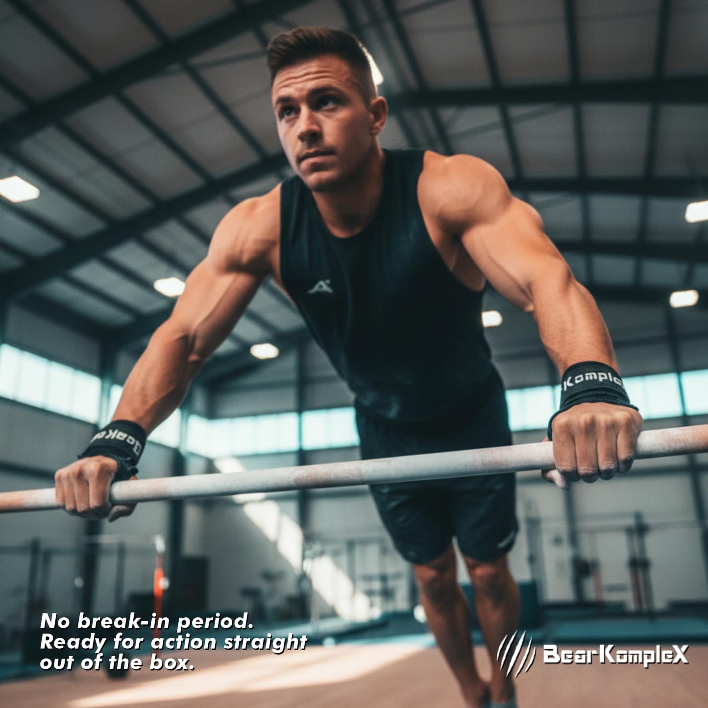 Bear KompleX - Premium Hand Grips for Fitness & Gymnastics, No-Slip Pull Up Grips for Weight Lifting, Strength Training, and Bar Work, Palm Protection with Padded Wrists, Carbon No-Hole Design - Large