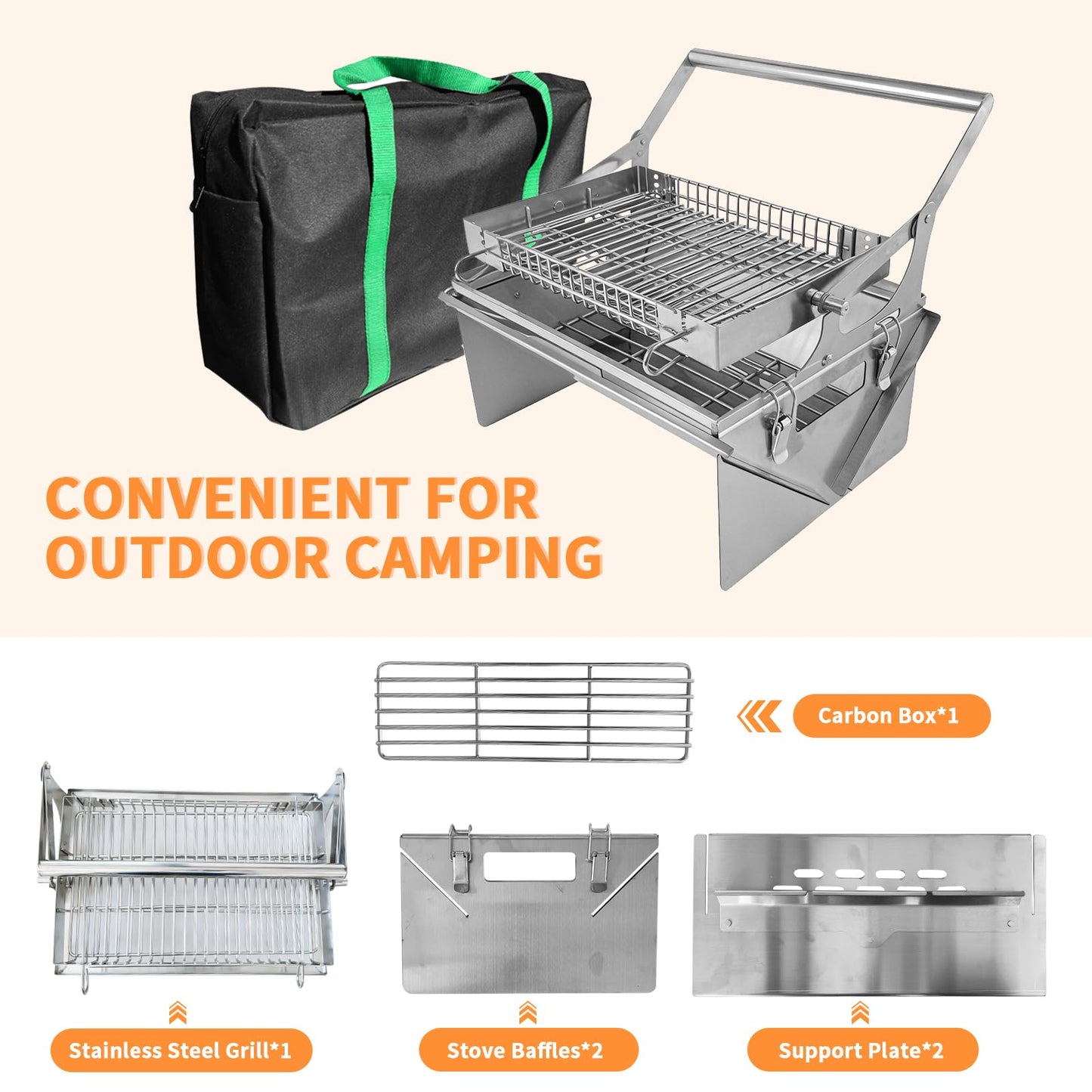 Portable 360°Rotating Charcoal Grill with Flipping Basket - 304 Stainless Steel Barbecue Grill for Camping, Tailgating, and Outdoor Adventures, Easy to Disassemble, Includes BBQ Bag New Upgrade