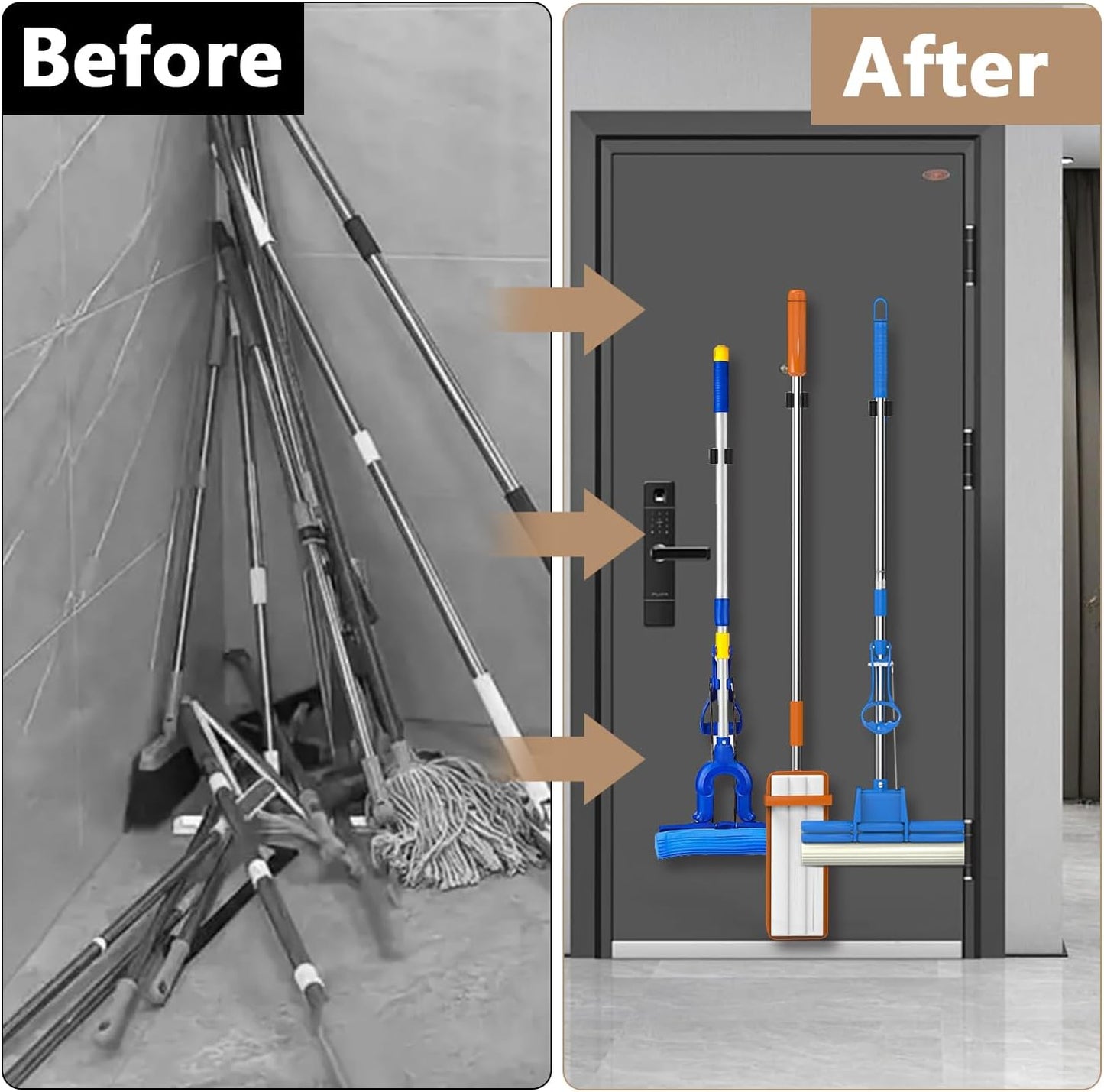 3-H Magnetic Broom Holder - 304 Stainless Steel Wall Mount Tool Organizer with Mini Hooks | Silver