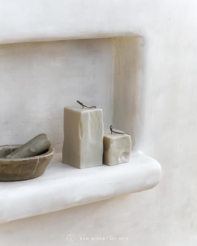 LAWA Raw Block Set of 2 Candle - Beautiful Handmade Pillar Scented Soy Wax Elegant Aesthetic Candle Housewarming Gift Home Room Shelf Decor Idea (Light Beige, Set of 2)
