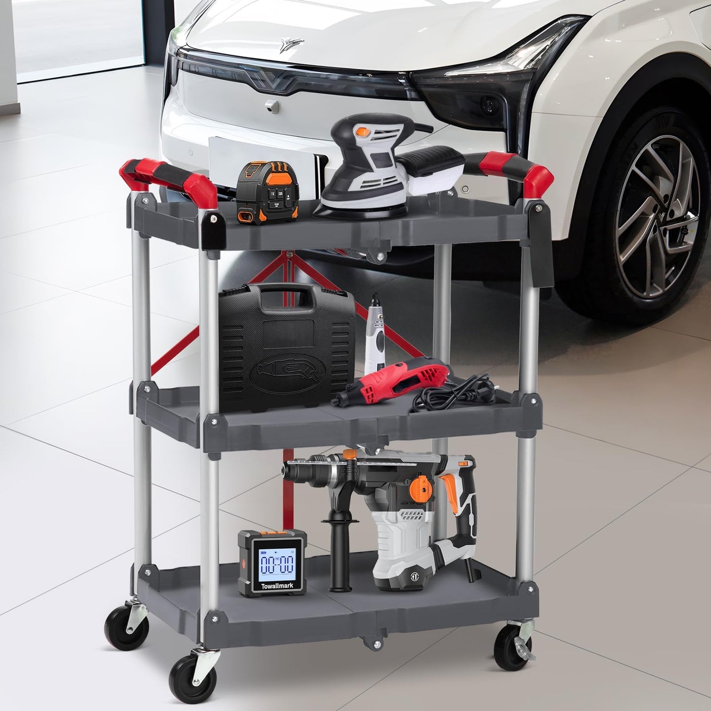 Foldable Utility Carts with Wheels, 3-Tier Holds Folding Rolling Cart with Fixed Rope, Pack-N-Roll Collapsible Service Cart for Home, Office, Garage, and Warehouse - No Assembly Required
