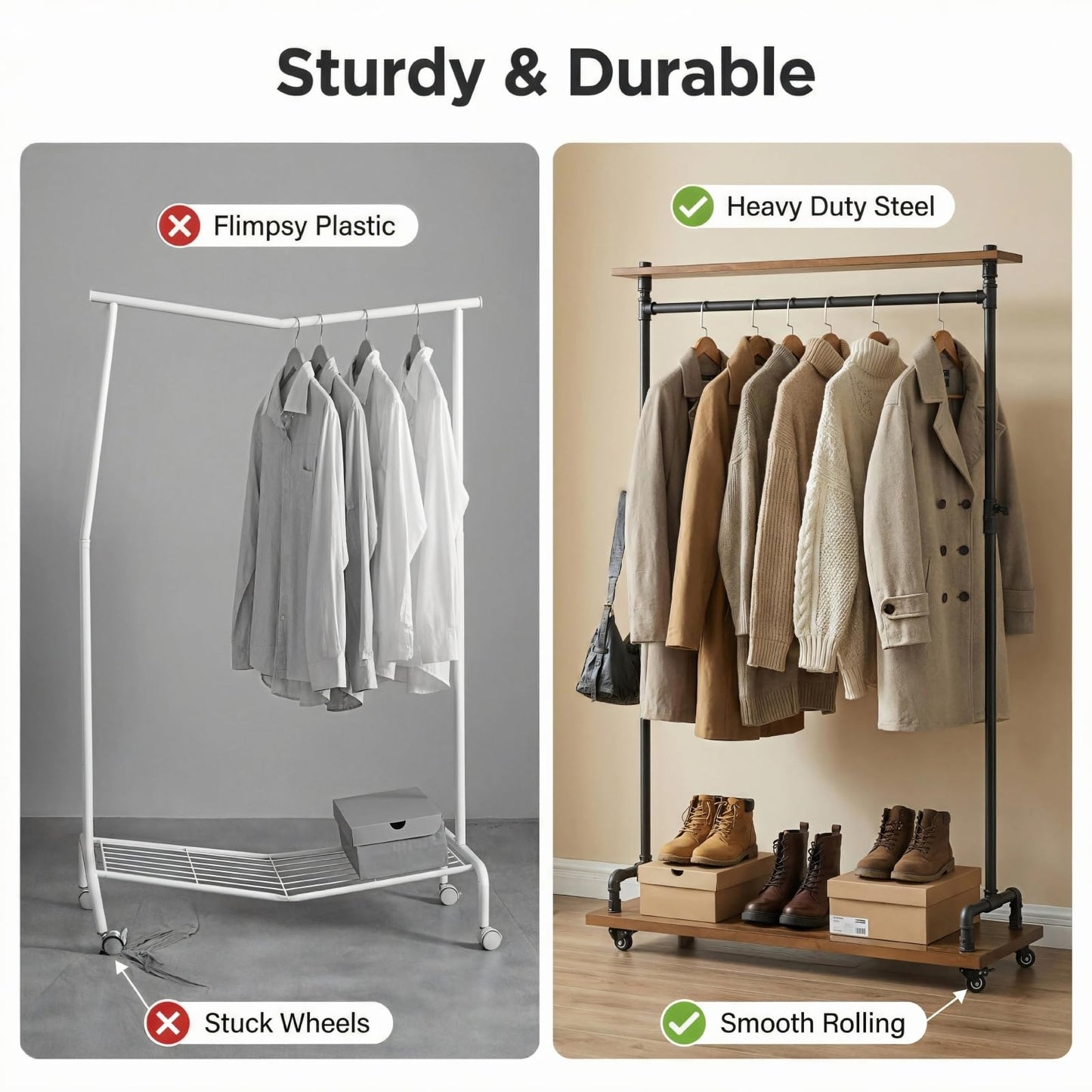 DOFURNILIM Industrial Pipe Clothing Racks, Rolling Garment Racks, Hall Tree on Lockable Wheels with Shelves and Shoes Storage, Heavy Duty Clothes Rack (Free Standing)