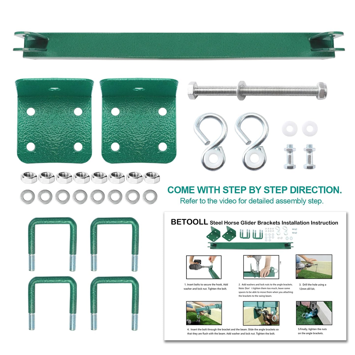 BETOOLL Swing Sets Brackets - 2 A-Frame Swing Set Brackets and 2 Swing Hangers and 2 Glider Swing Brackets with All Mounting Heavy Duty Hardware Included for Porch, Yard, Playground - Green