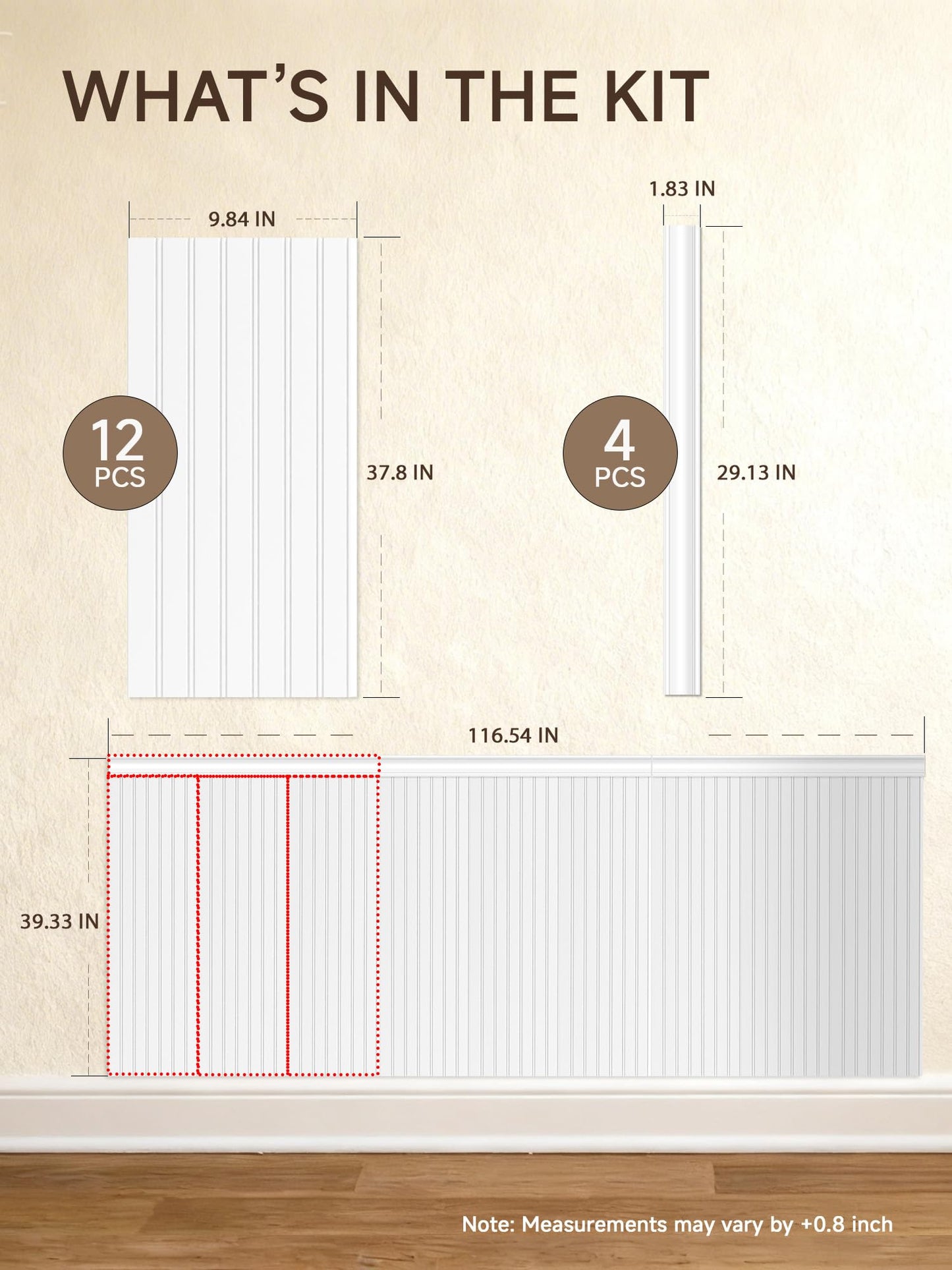 Upick Wainscoting Panels Beadboard, Paintable PS Wall Paneling for Accent Wall 116" x 39"