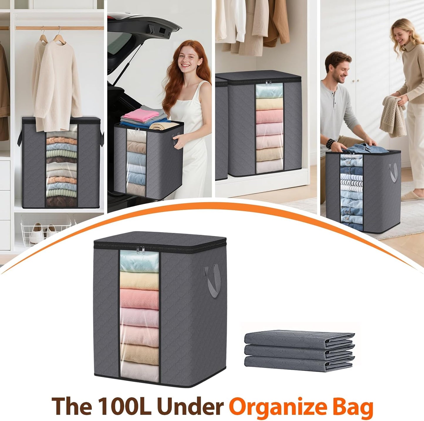 SpaceWhisper 100L Clothes Storage Bags - Foldable Thick Fabric Organizers for Bedroom & Closet | Grey 3-Pack