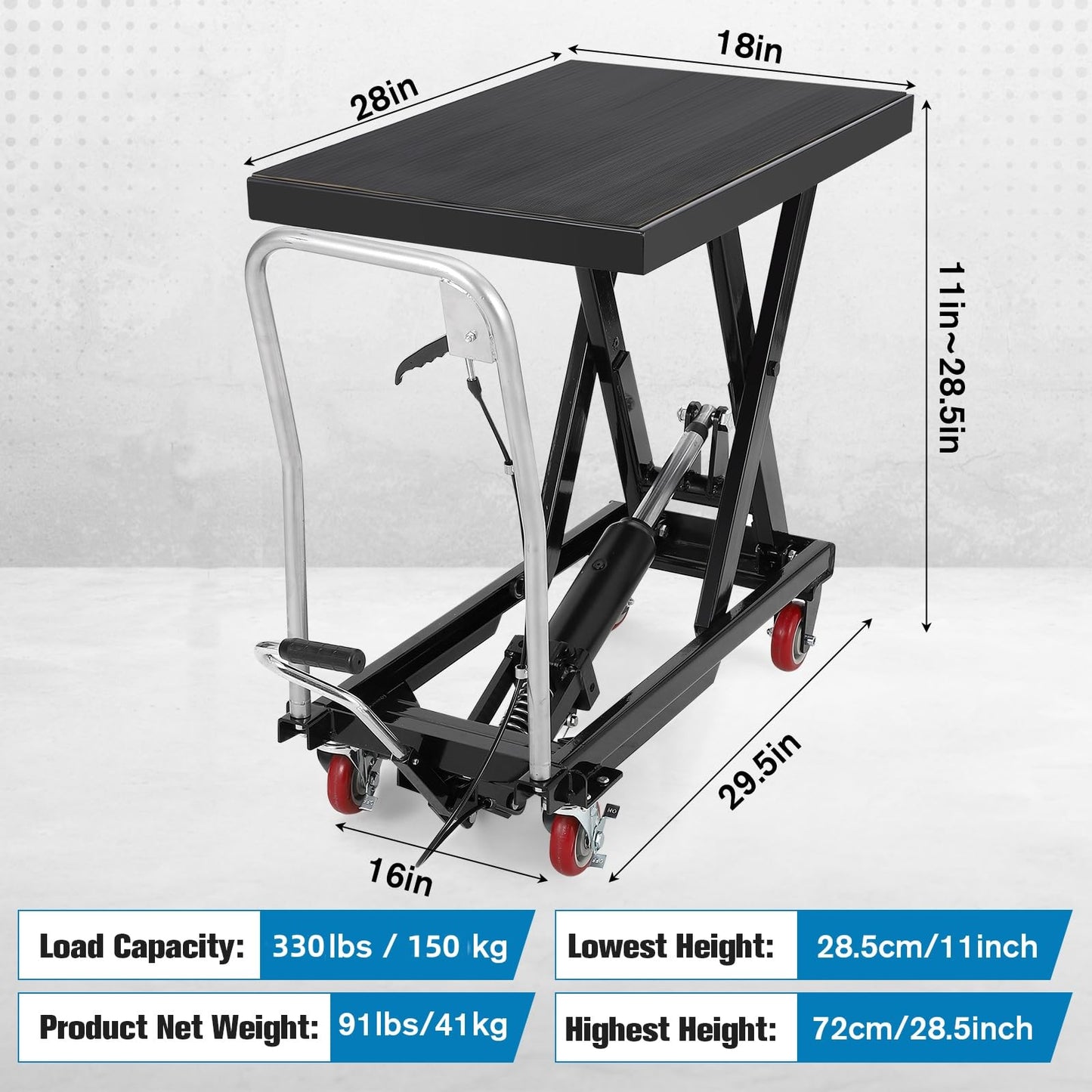 COZONY Heavy Duty Hydraulic Lift Table Cart – 330 lbs Capacity – Manual Single Scissor Platform – Adjustable Height 11-28.5 in – Non-Slip Platform – 4 Locking Wheels – For Workshop & Warehouse – Black