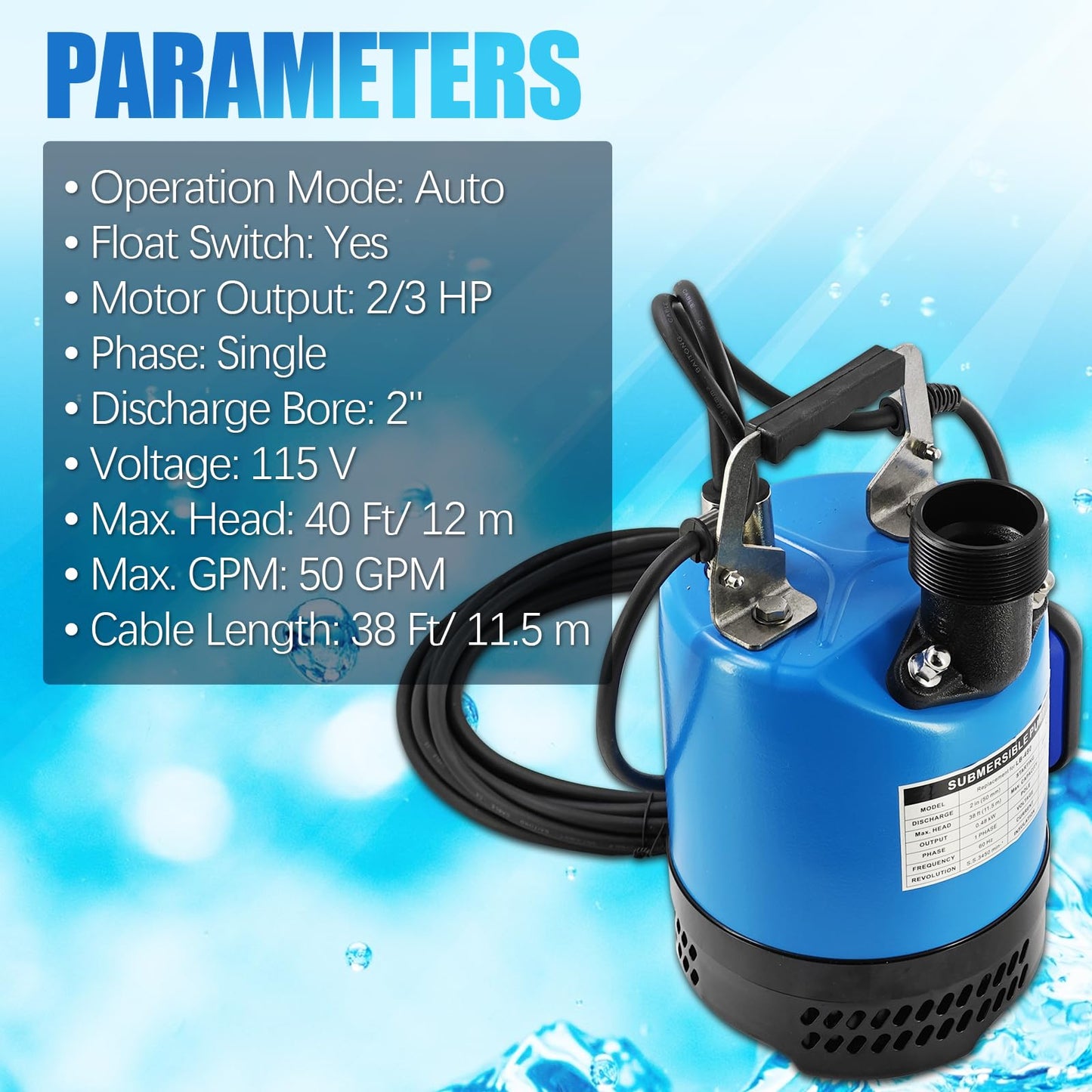 LB-480 2/3 HP 115 V Auto Float Switch Submersible Dewatering Pump Replacement for LB-480-62 LB480 2'' Straight Male NPT Submersible Drainage Utility Pump Single Phase 50 GPM / 3000 GPH