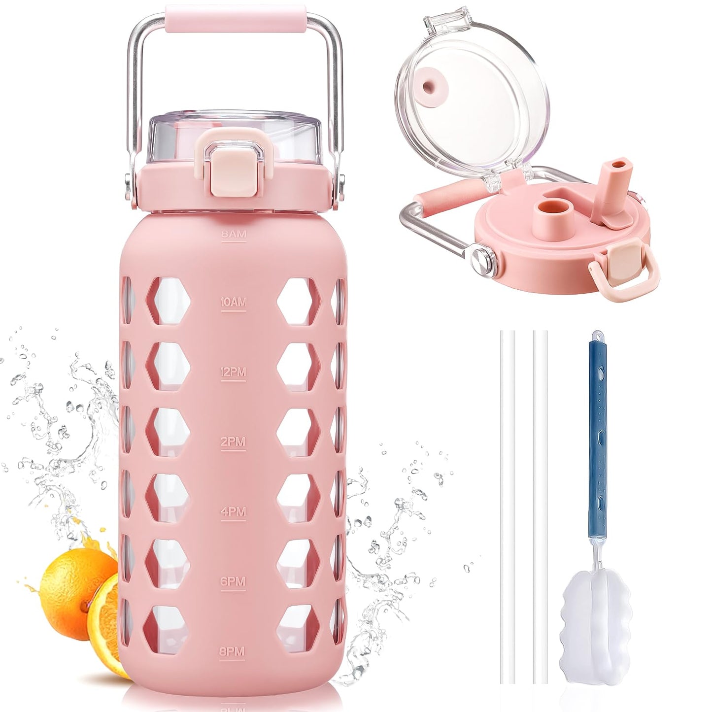 MUKOKO 64oz Glass Water Bottles with Straw and Lid,Half Gallon Water Bottle with Time Marker,Large Glass Water Jug with Silicone Sleeve and Stainless Steel Handle-Pink