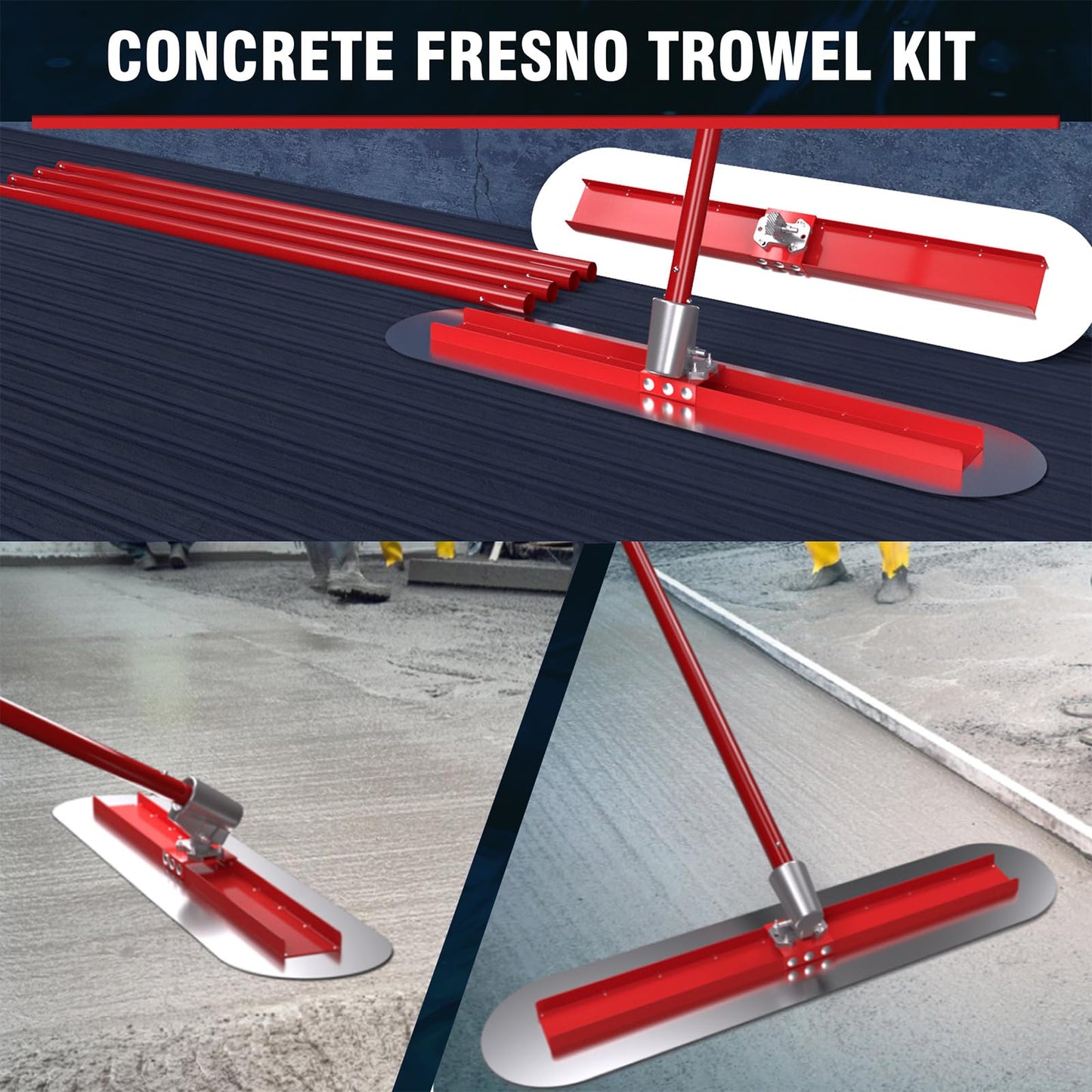 RUPERTOOL Concrete Bull Float Tool Kit with 48x12 inch Round End Fresno Trowel, Stainless Steel Board, 4 Extendable Aluminum Alloy Poles and Tilt Bracket