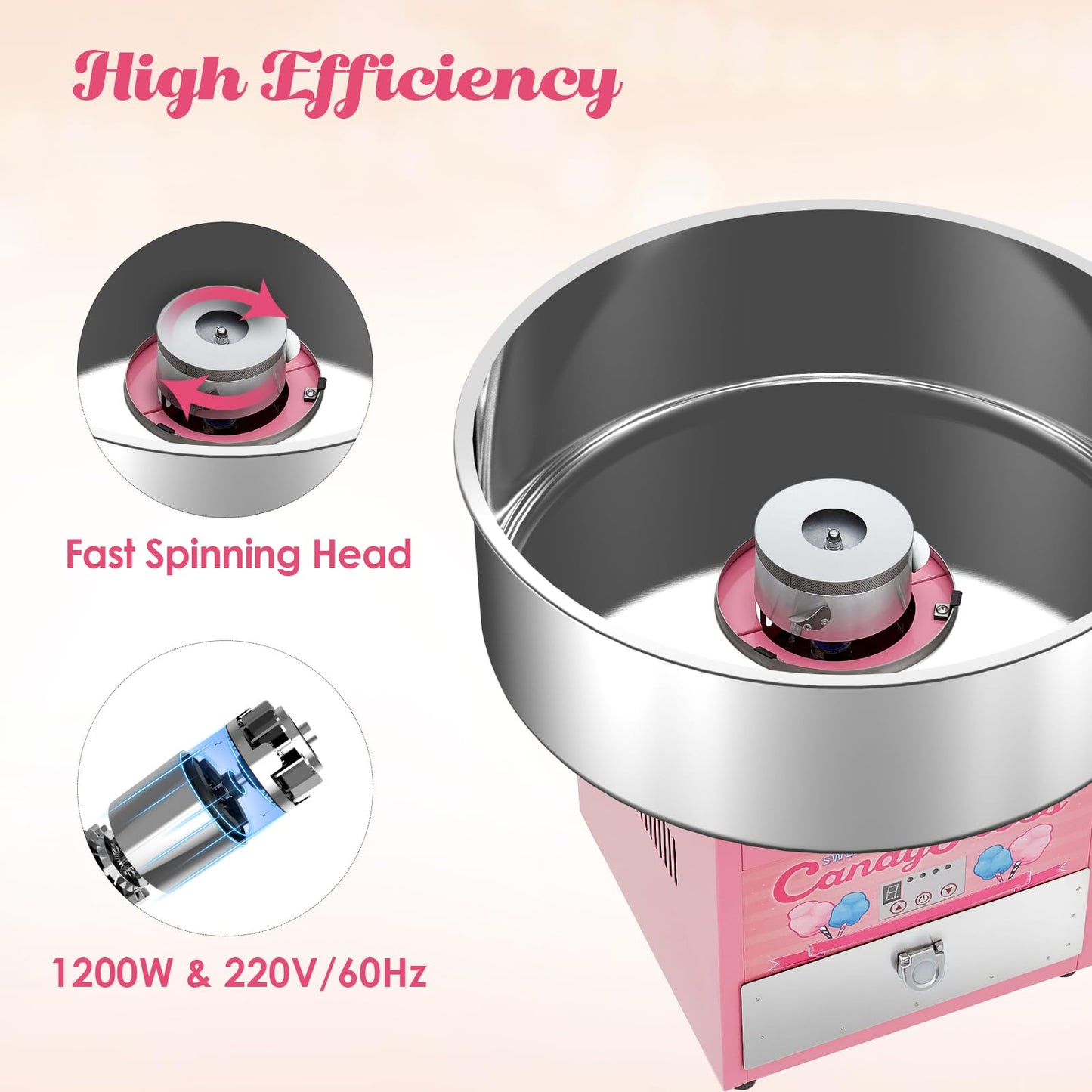 Electric Candy Cotton Machine for Kids Commercial Candy Cotton Maker with 20 Inch Stainless Steel Bowl Party Home Festival Pink