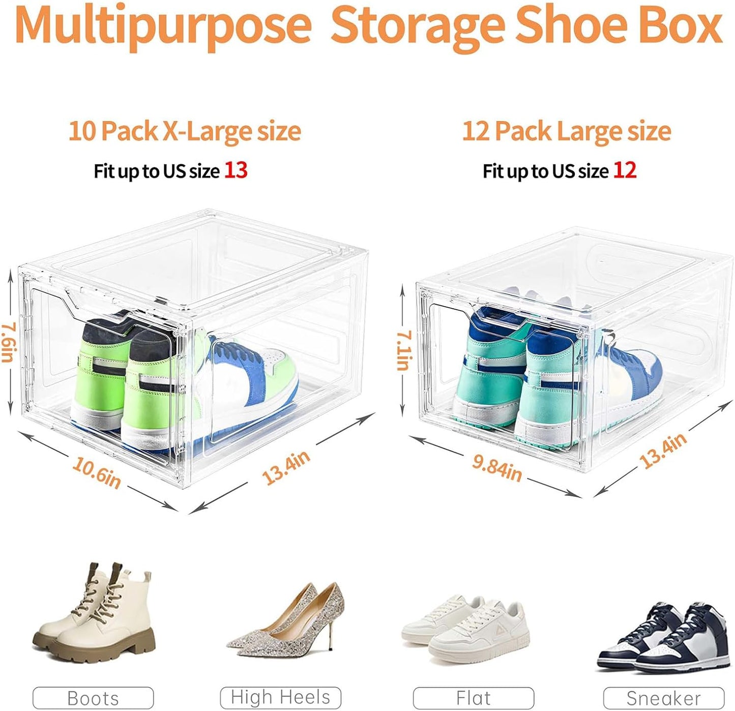 Skiennix Large Clear Shoe Boxes - Stackable Shoe Storage Organizer with Lids | Fits US Size 13