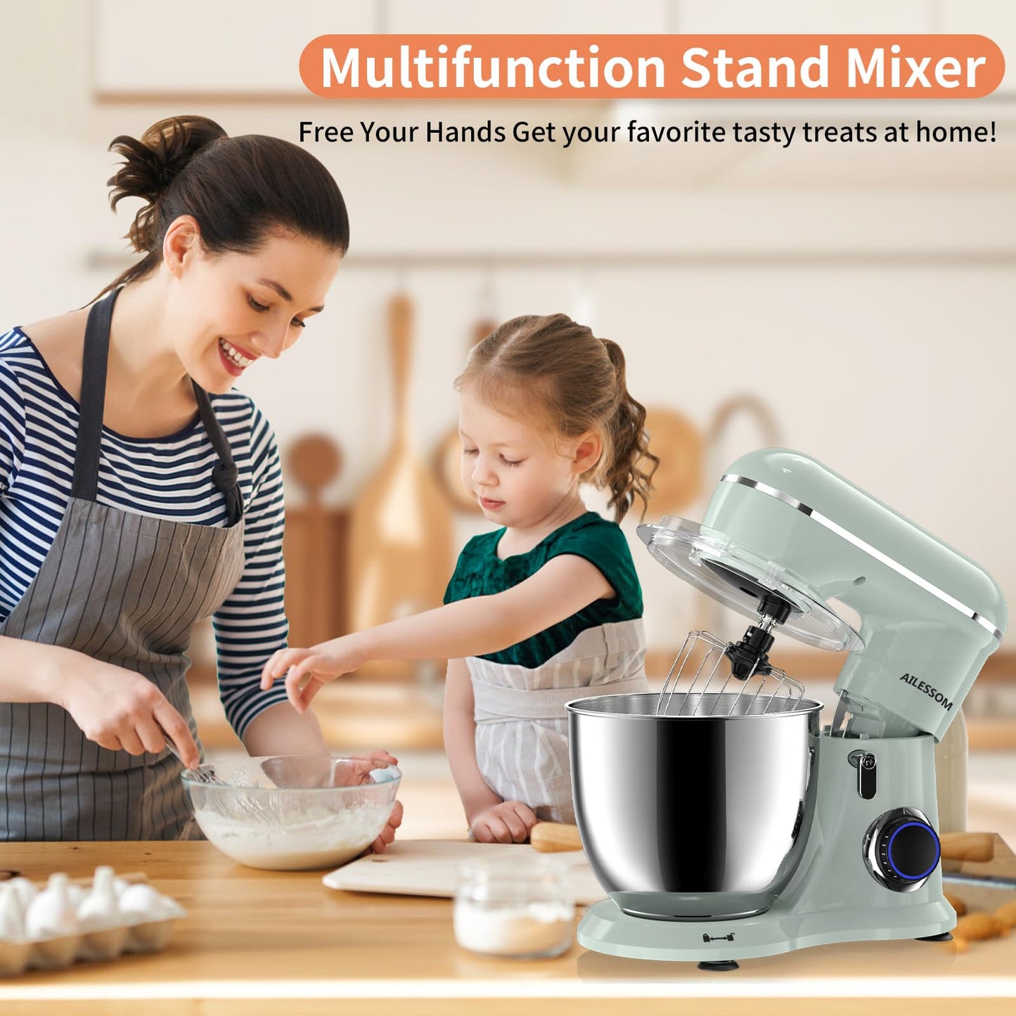 SAMSAIMO 3-IN-1 Electric Stand Mixer, 10-Speed With Pulse Button, Attachments include 6.5QT Bowl, Dough Hook, Beater, Whisk for Most Home Cooks