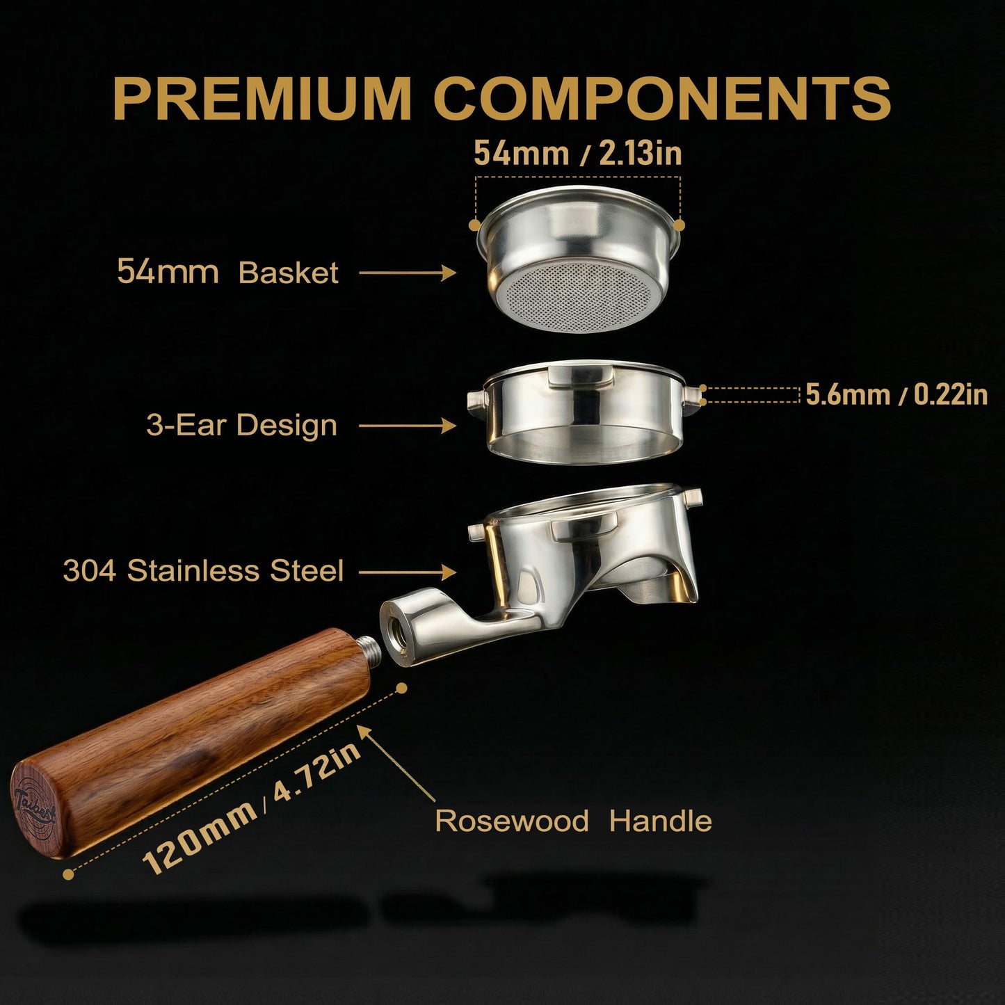 TaiBest 54mm 3 Ear Bottomless Portafilter for Breville BES870/878/880/876/840/820 Series Espresso Machines - Rosewood Handle with 304 Stainless Steel Filter Basket