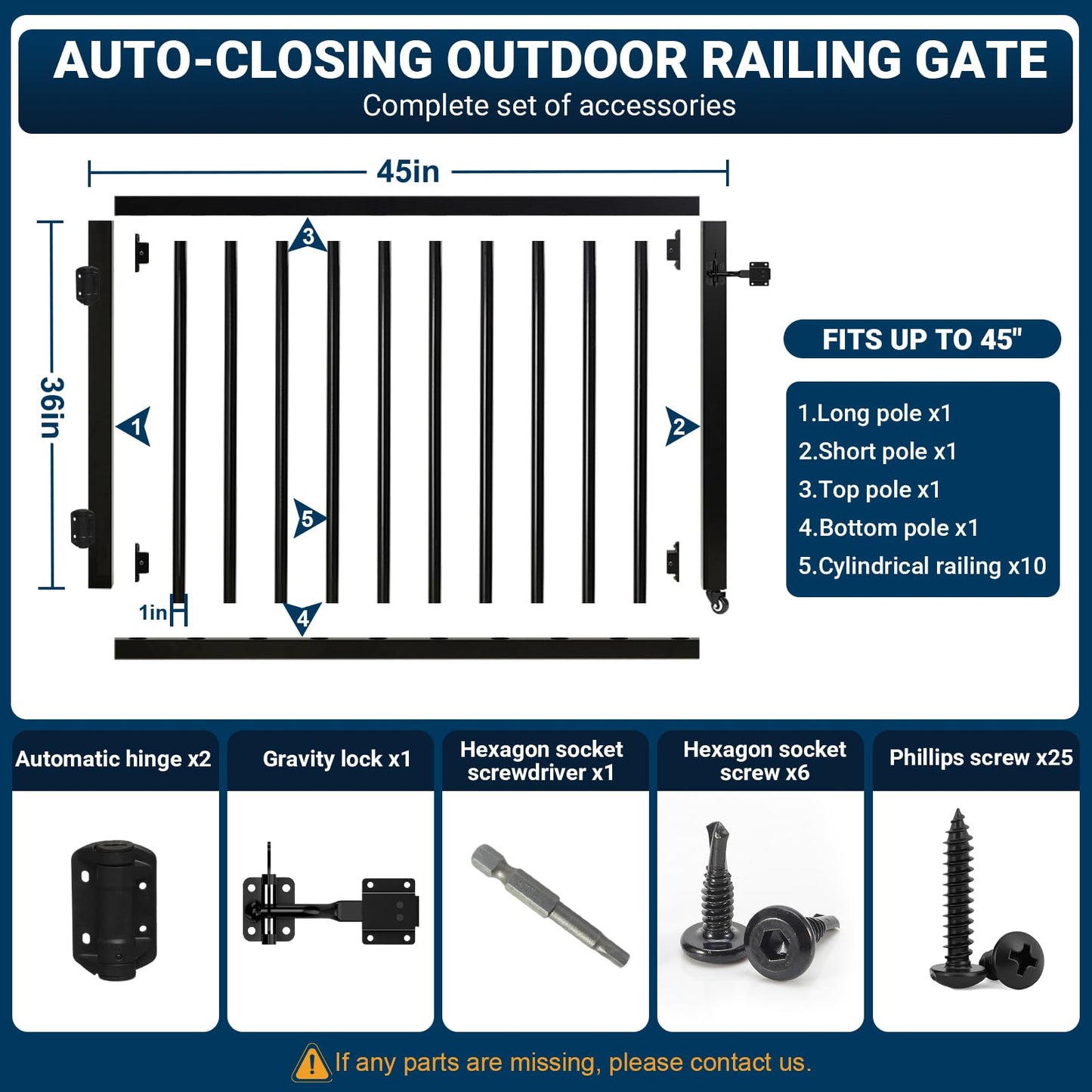 Deck Gate with Wheels, 36 x 45 Inches Auto-Closing Outdoor Railing Gate Fence Gate for H Railing, 1" Round Pipe with Latch,Cuttable Lockable for Outdoor Deck Patio