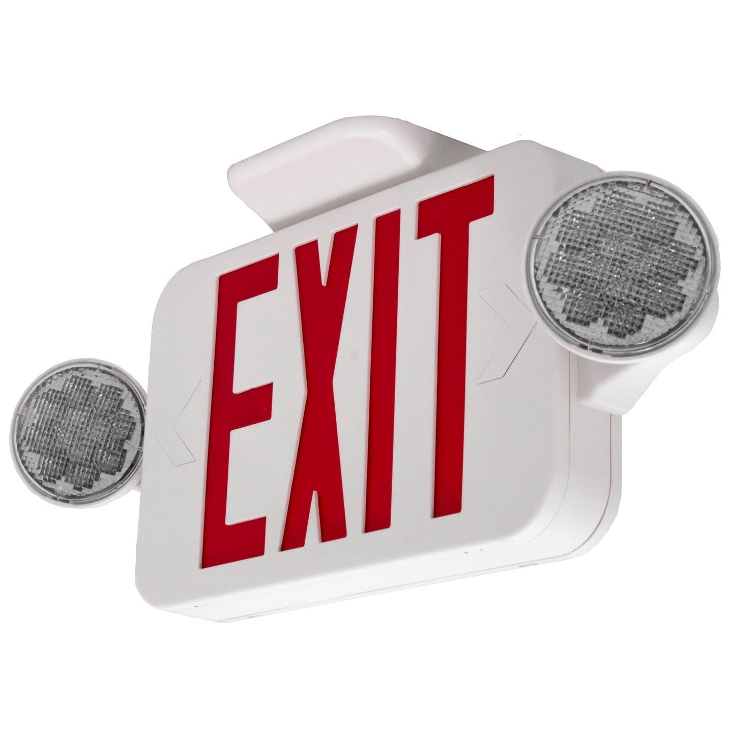 LFI Lights® Compact COMBO, UL 924 Listed Exit Sign with Emergency Lights, Red LED, White, 120/277VAC Hardwired with Battery Backup, Optional Double Face and Knock Out Arrows COMBOJR2RWBB