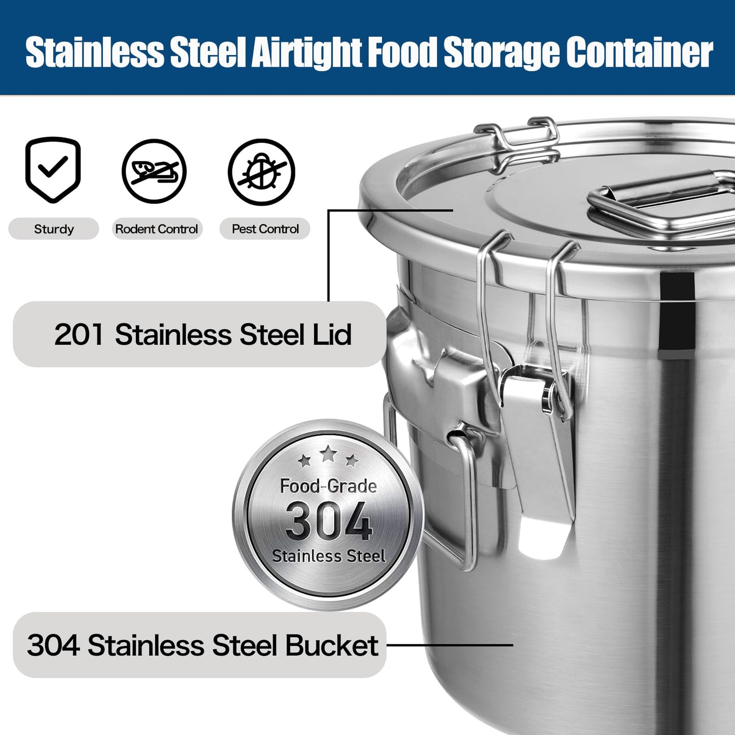 YinCukiEle 5.55Gal/21L Stainless Steel Airtight Canister, 304 Stainless Steel Food Storage Container, 710.4oz Large Metal Bucket with Lid and Lock Clips for Coffee Beans, Flour, Tea, Sugar, Cereals