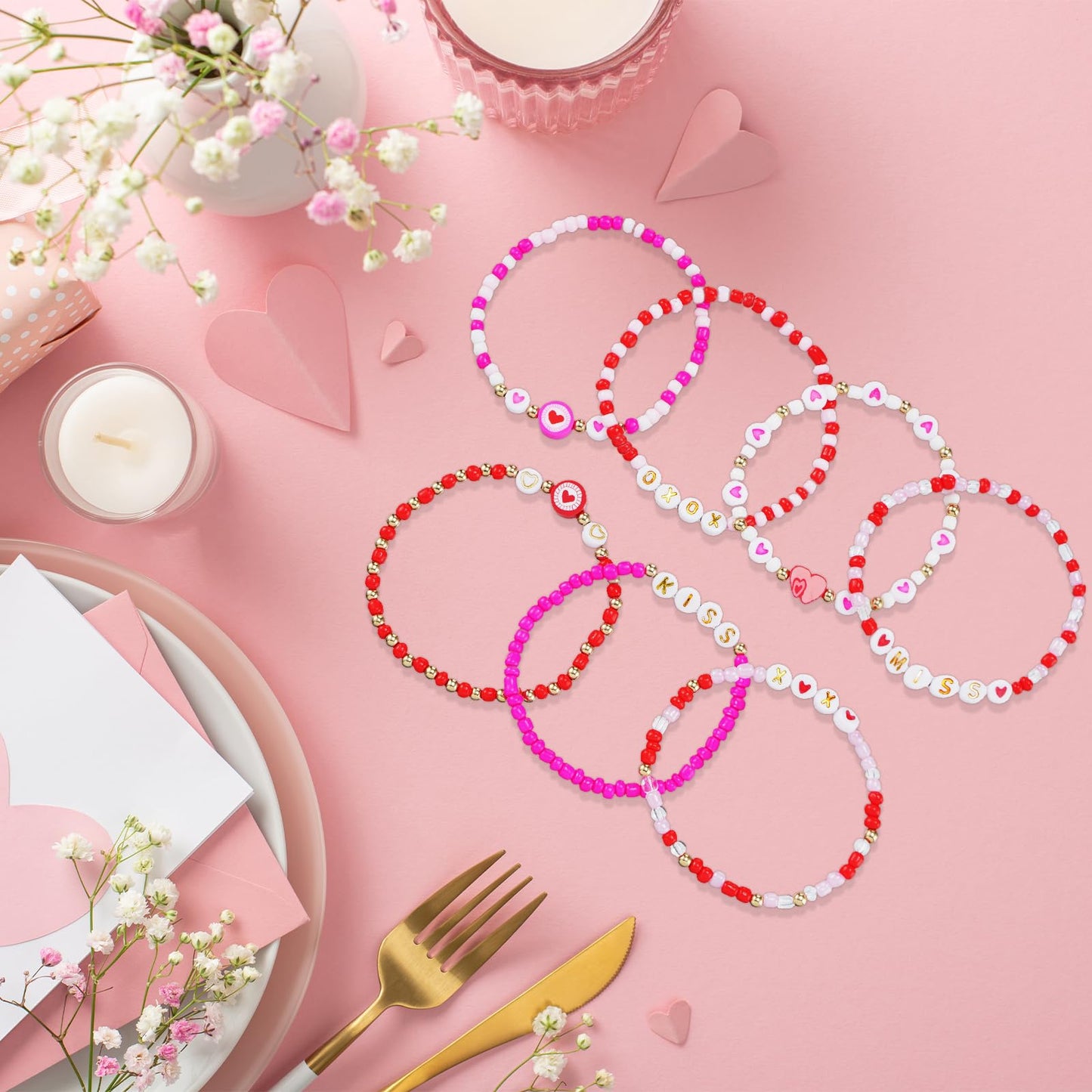 yesaior 60 pcs Valentine's Day Bracelets Bulk Colorful Friendship Adjustable Beaded Bracelets Bulk Women's Clay Surfer Heishi Jewelry for Women Men Gift Party Supplies (Valentine's Day)