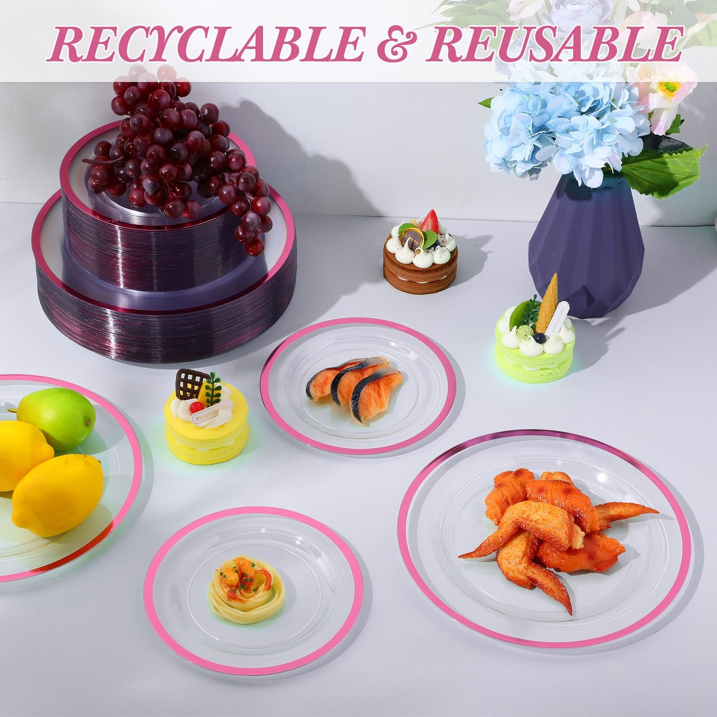 Wesiti 100 Pcs Clear Plastic Plates Disposable Dinnerware Set Includes 50 Dinner Plates 10.25 '', 50 Dessert Plates 7.5 '', Cake Salad Dessert Plates for Wedding Birthday Holiday Parties(Pink Rim)