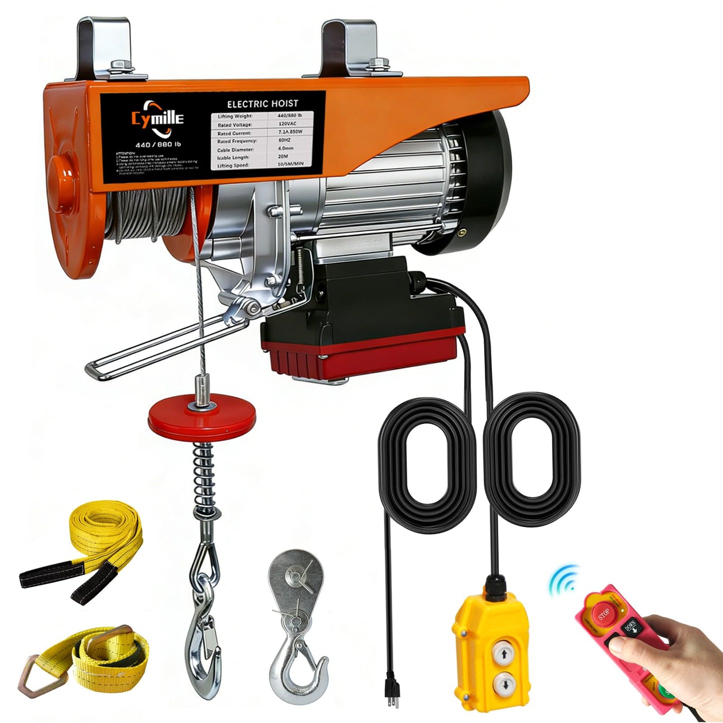880 lbs Electric Hoist, 2 in 1 Wireless/Wired Remote Control, 110V/120V Electric Hoist Winch, 16ft/33 ft/min Speed, 65.6 ft Height for Garage, Attic, Warehouse, Factory, Construction Site