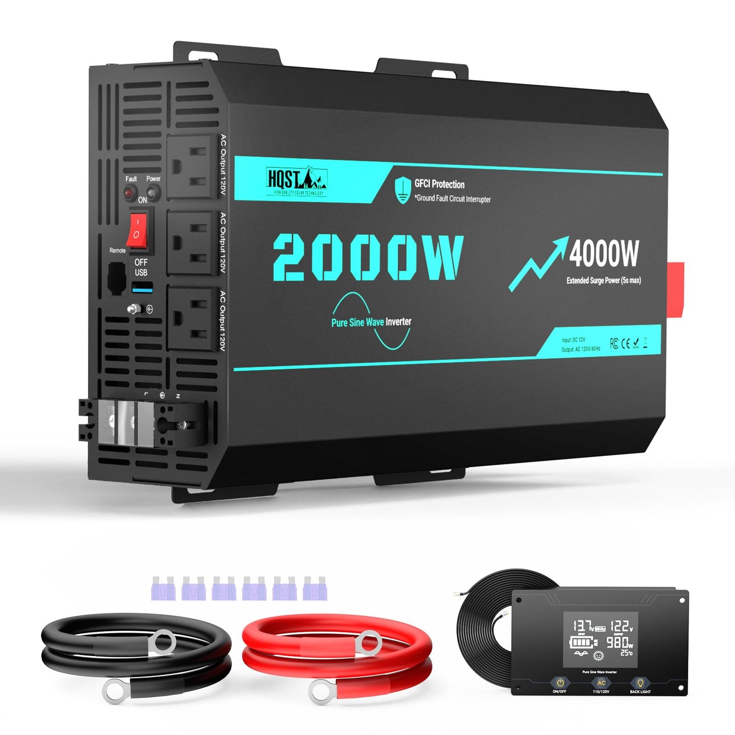 HQST 2000W Pure Sine Wave Inverter with 5s Boost Function, 12V DC to 110V AC Converter with Remote LCD, GFCI Protection, 3 AC Sockets, USB, Surge 4000W, for Solar, Sump Pump, RV, Camping, Off Grid
