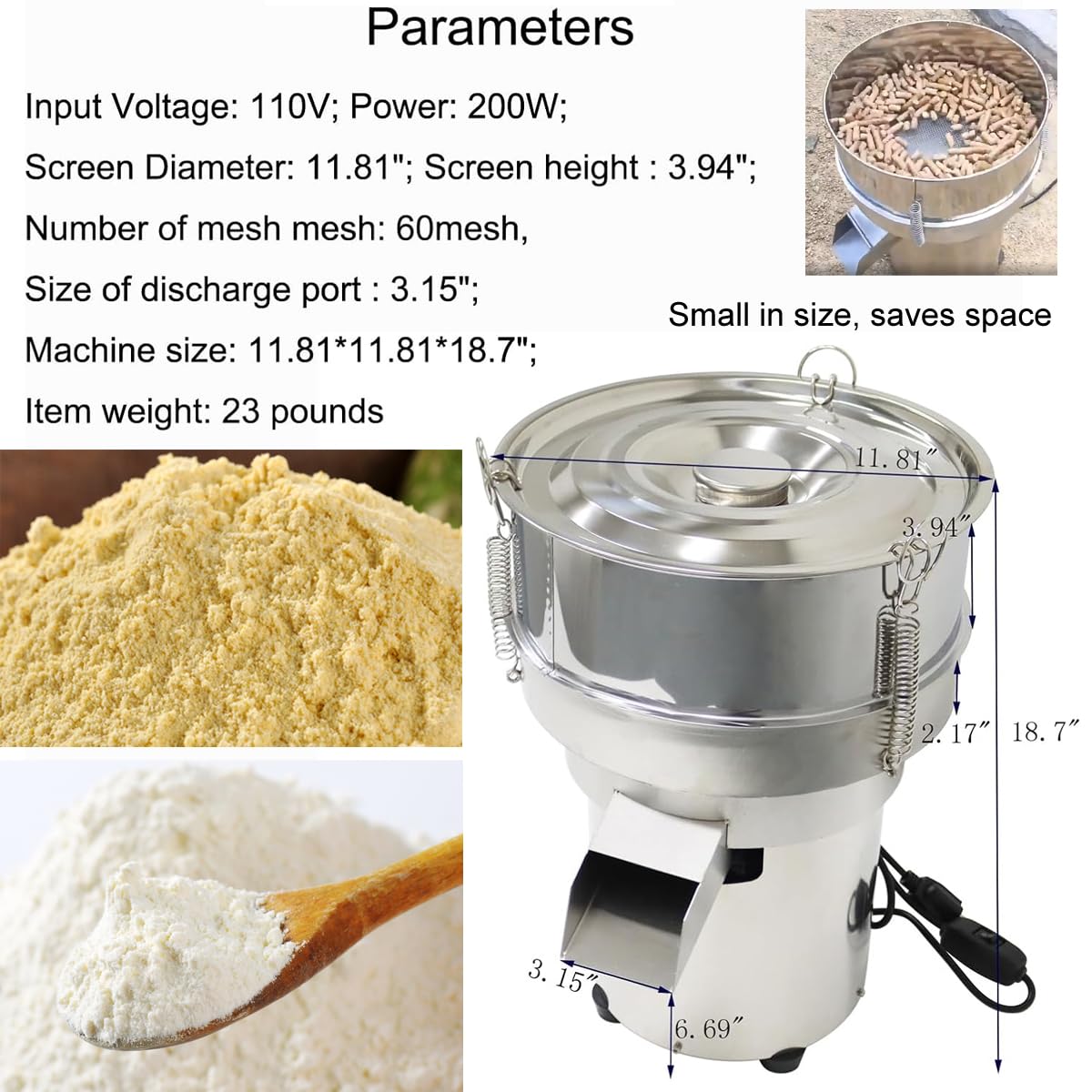 INTBUYING Automatic Powder Sifter Machine, Sieve Shaker Vibrating Machine, Electric Stainless Steel Powder Shaker, Electric Sieve Vibrating Screen with 60 Mesh Screen, 110V, 11.8 inch Diameter