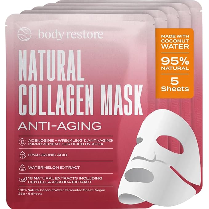 Body Restore Natural Collagen Face Mask 5 Pack ??Korean Skin Care Mask with Fermented Coconut Water, Christmas Stocking Stuffers, White Elephant, Birthday Gifts for Women & Men, Dry Skin - Anti-Aging