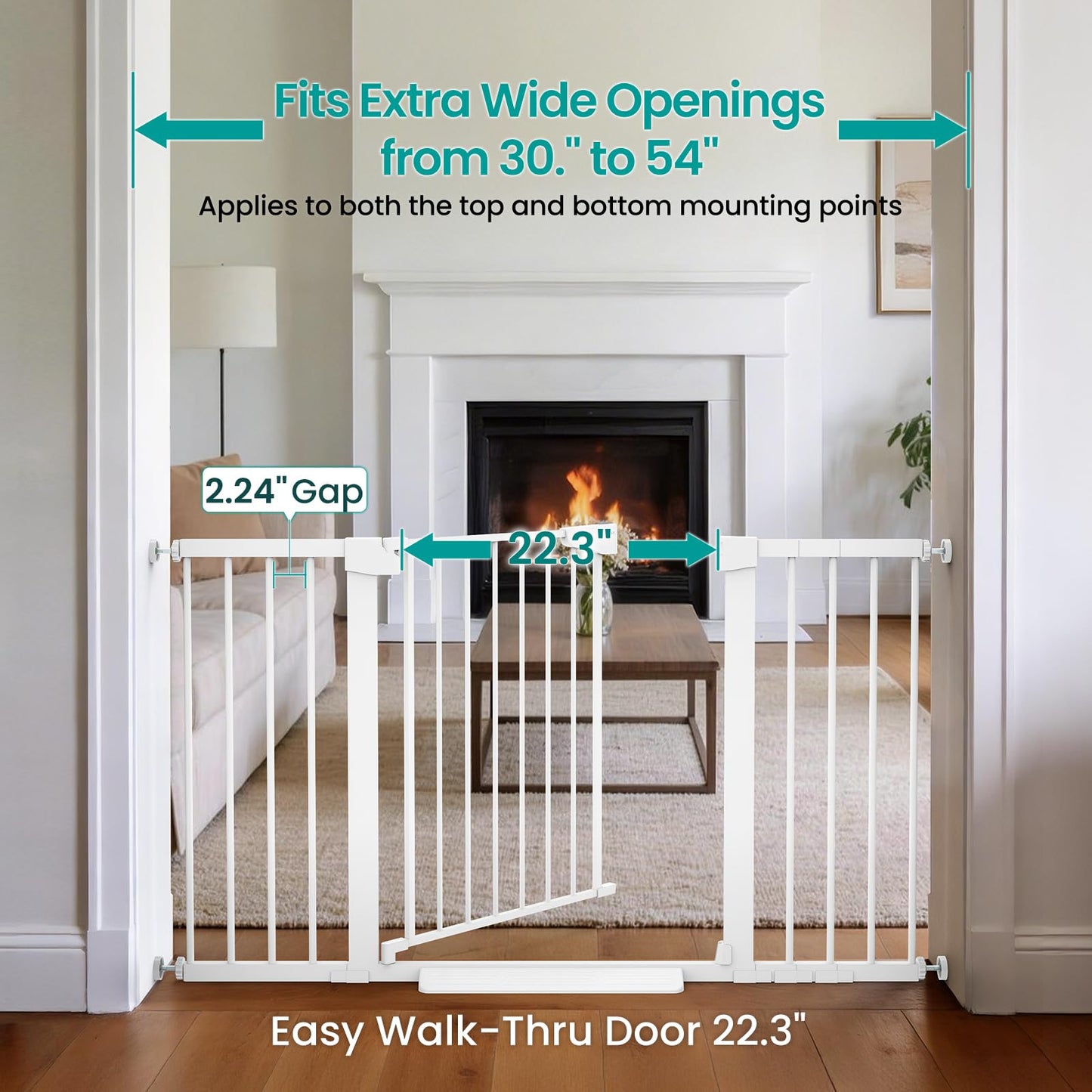 Cumbor 30-54" Extra Wide Baby Gate for Stairs, Dual Lock & Self-Closing Dog Gate Indoor, Easy Install Pet Gate for Doorways, Hallways & Kitchen, Easy Walk Thru Safety Proofing for Babies & Pets, White