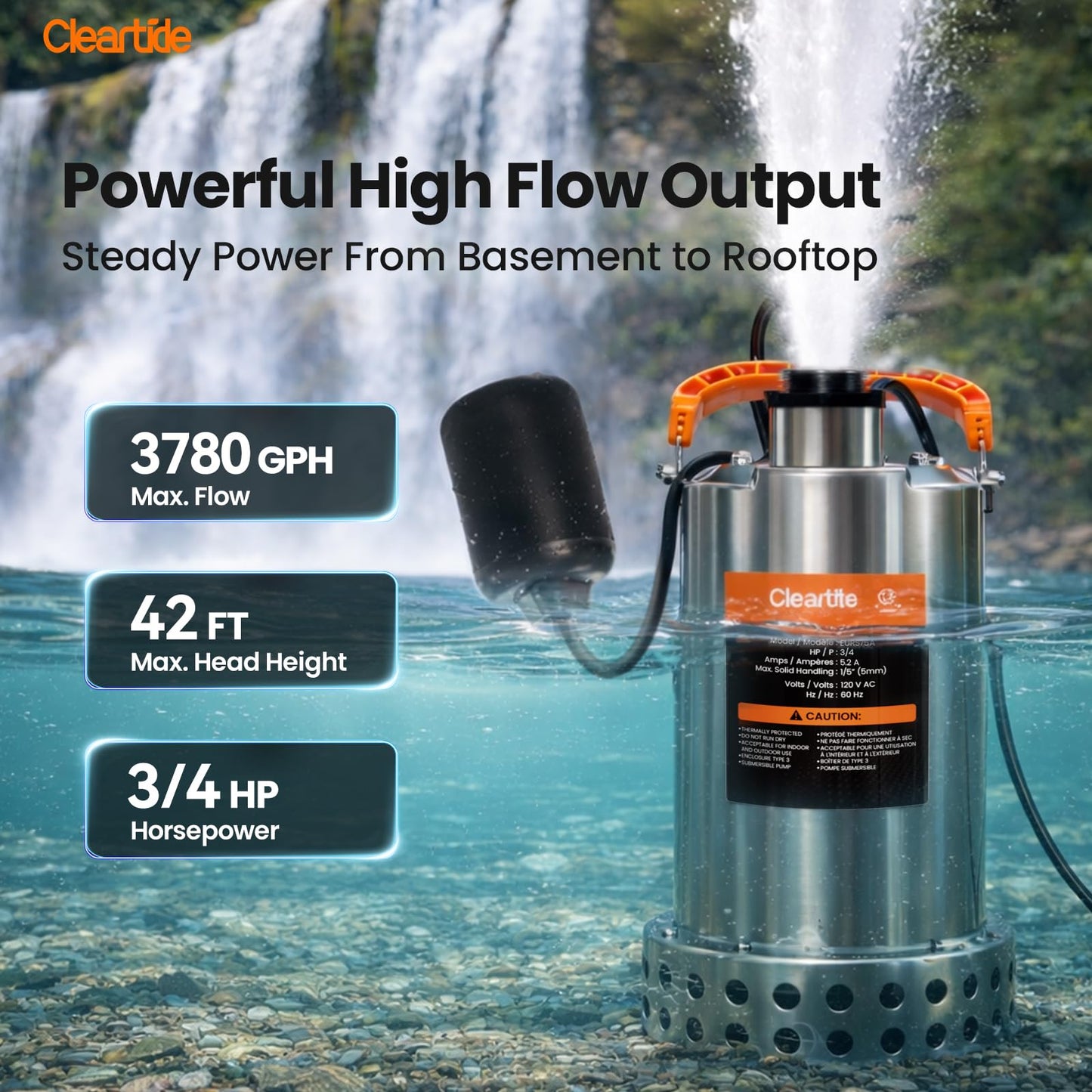 Cleartide Stainless Steel Submersible Water Sump Pump with Float Switch, 3/4 HP, 3780 GPH Ideal for Pool, Yard, Flooded Cellar & Basement, Hot Tub, Pond, and Garden Draining, 10 FT Cord
