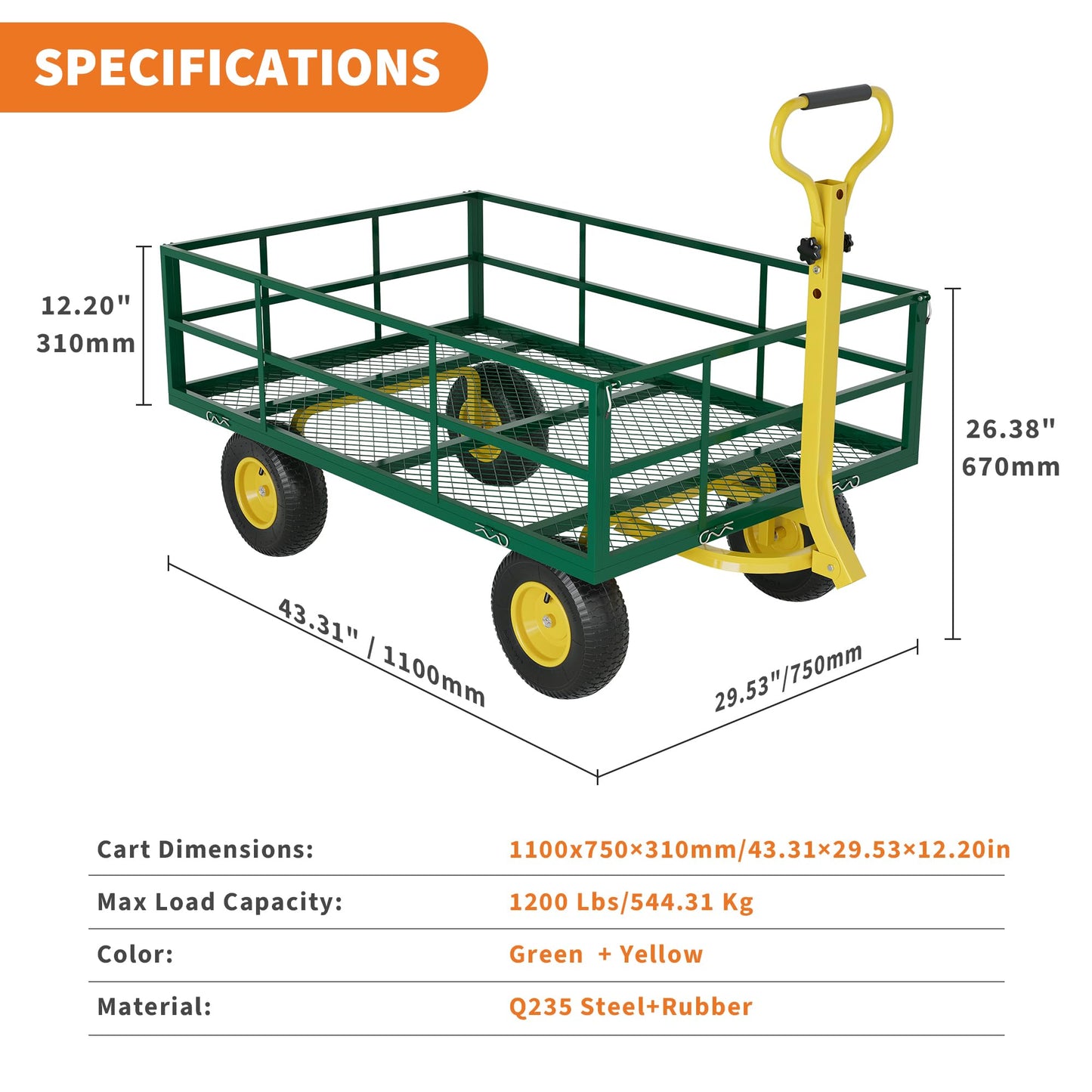 3-in-1 Heavy-Duty Steel Garden Cart, 1200 Lbs Garden Wagon, with 13 Inch All-Terrain Tires and Removable Mesh Side Panels, 180° Rotating Handle, Metal Multi-Function Carts, Outdoor Gardens Wagon Cart