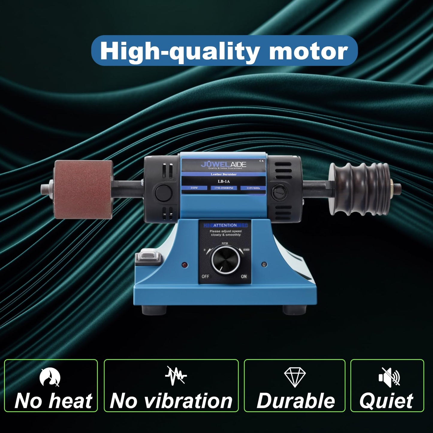 JUWELAIDE Leather Burnishing Machine | Variable Speed Leathercraft Bench Grinder, Polishing Tool, Sanding Machine, Rosewood Wheel for Leather Edge | Low Noise Motor, Standard 2x2 Inch Drum Sleeves
