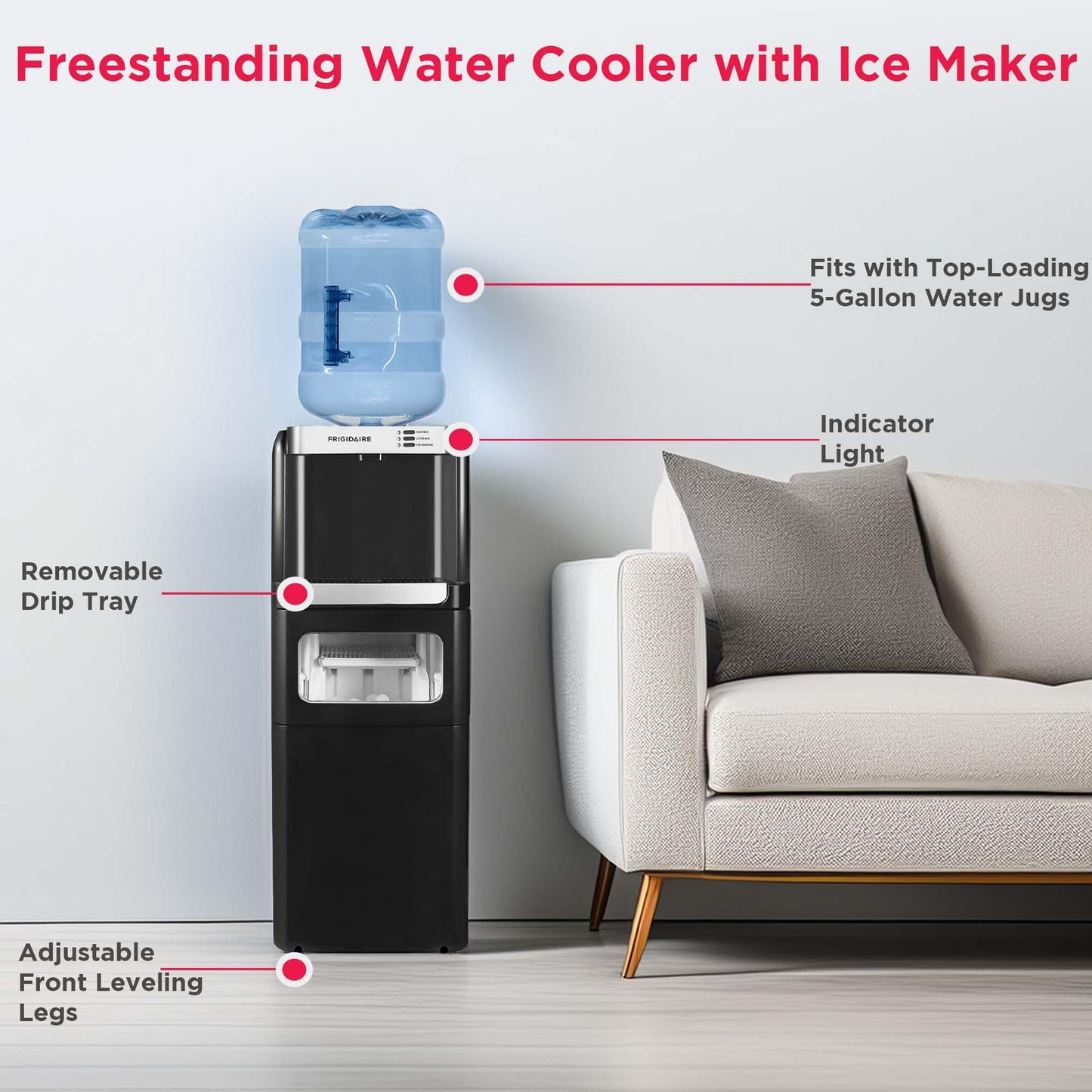 Frigidaire 3-in-1 Hot or Cold Top-Load Water Cooler Dispenser, 5 Gal Bottle, Built-in Bullet Ice Maker, Compact, Black