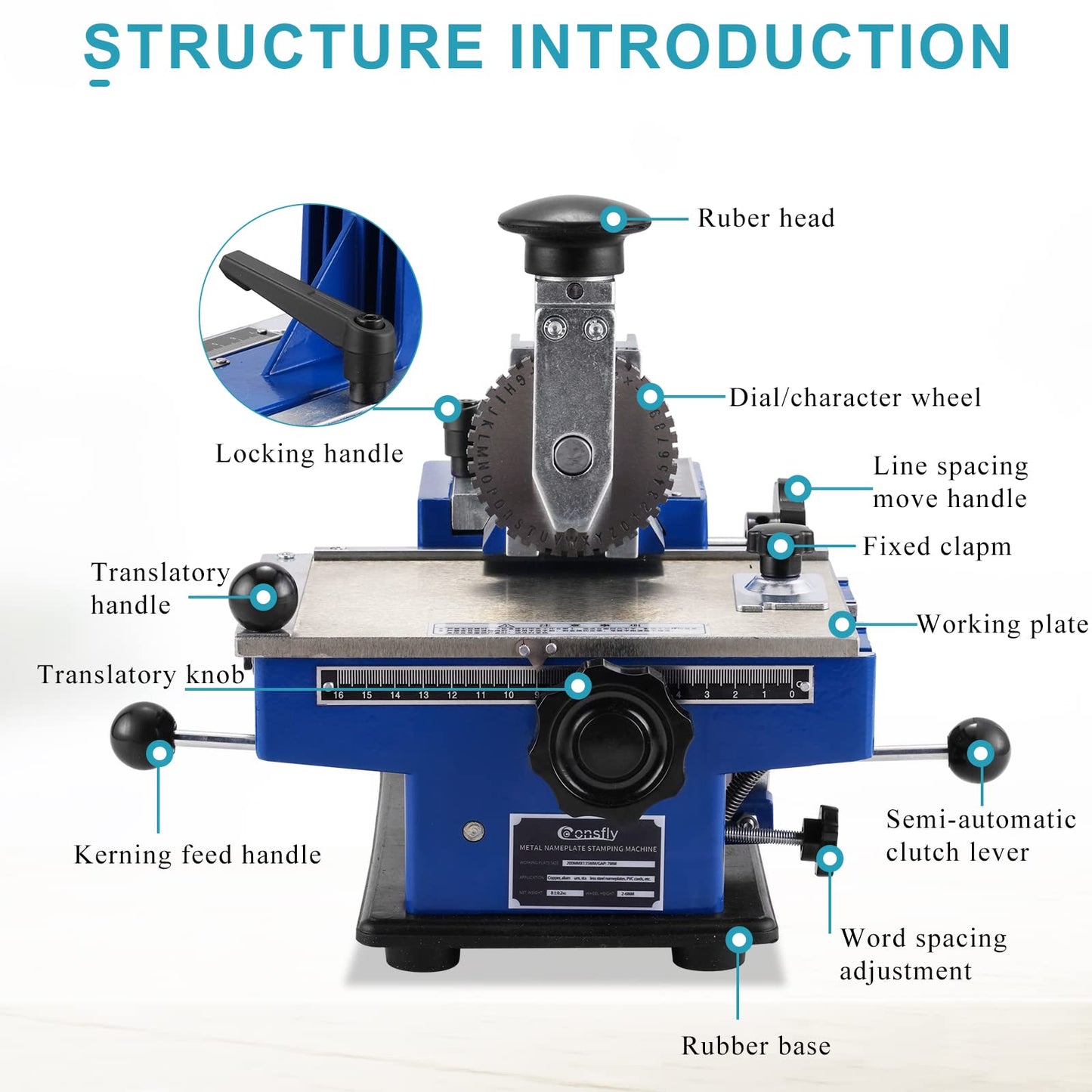 Consfly Metal Nameplate Stamping Machine Semi-Automatic Embosser Label Printing Marking Machine Dog Tag Printer (3mm Character Wheel)