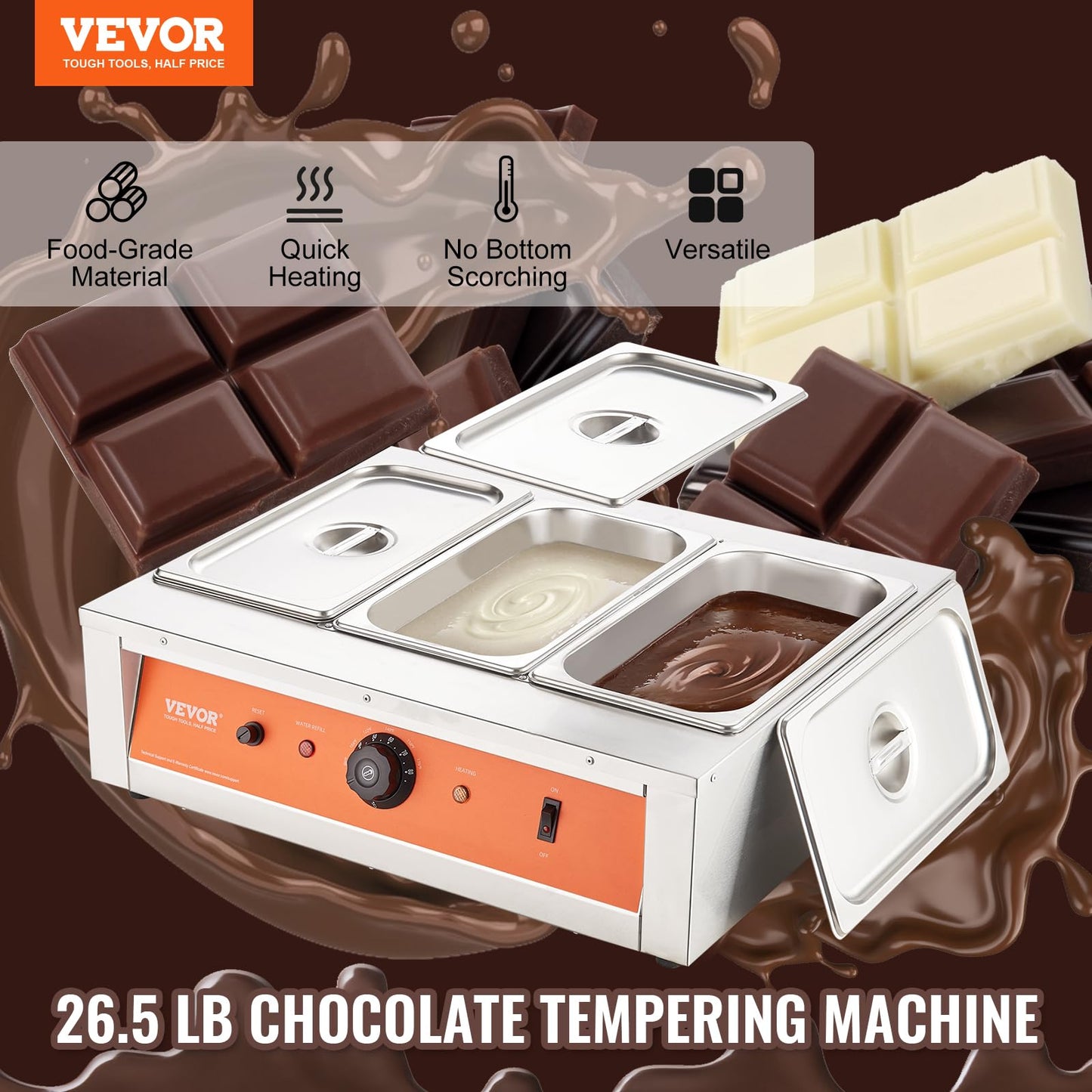 VEVOR Chocolate Tempering Machine, 26.5 Lbs 3 Tanks Chocolate Melting Pot Temp Control 86~185℉, 1500W Stainless Steel Electric Commercial Food Warmer for Chocolate/Milk/Cream Melting and Heating